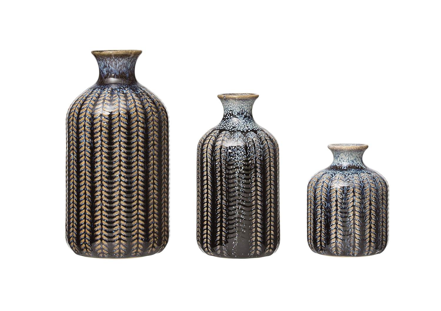 Creative Co-Op Round Embossed Stoneware Vase with Vertical Lines and Reactive Glaze Finish, Blue, Set of 3