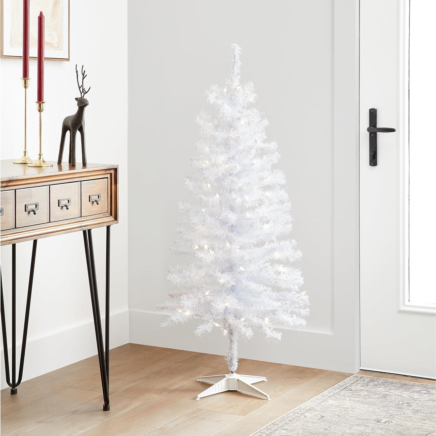 National Tree Company Pre-Lit Artificial Christmas Tree, White Iridescent Tinsel, Clear Lights, Includes Stand, 4 Feet