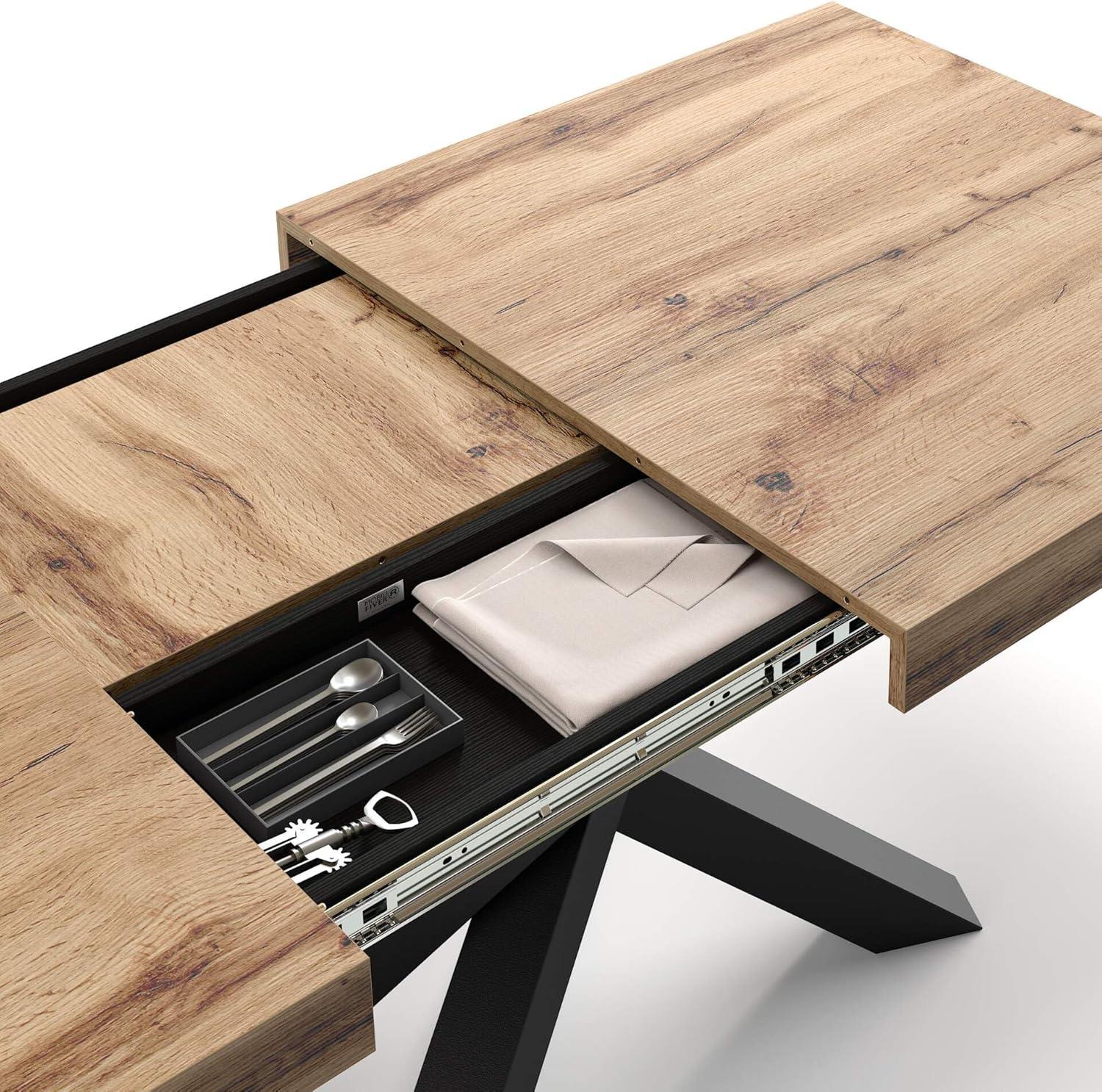 Mobili Fiver, Emma 63(94.5) x35.4 in Extendable Table, Rustic Oak with Black Crossed Legs, for 6-10 People, Expandable Dining Table for Kitchen, Living Room, Italian Furniture