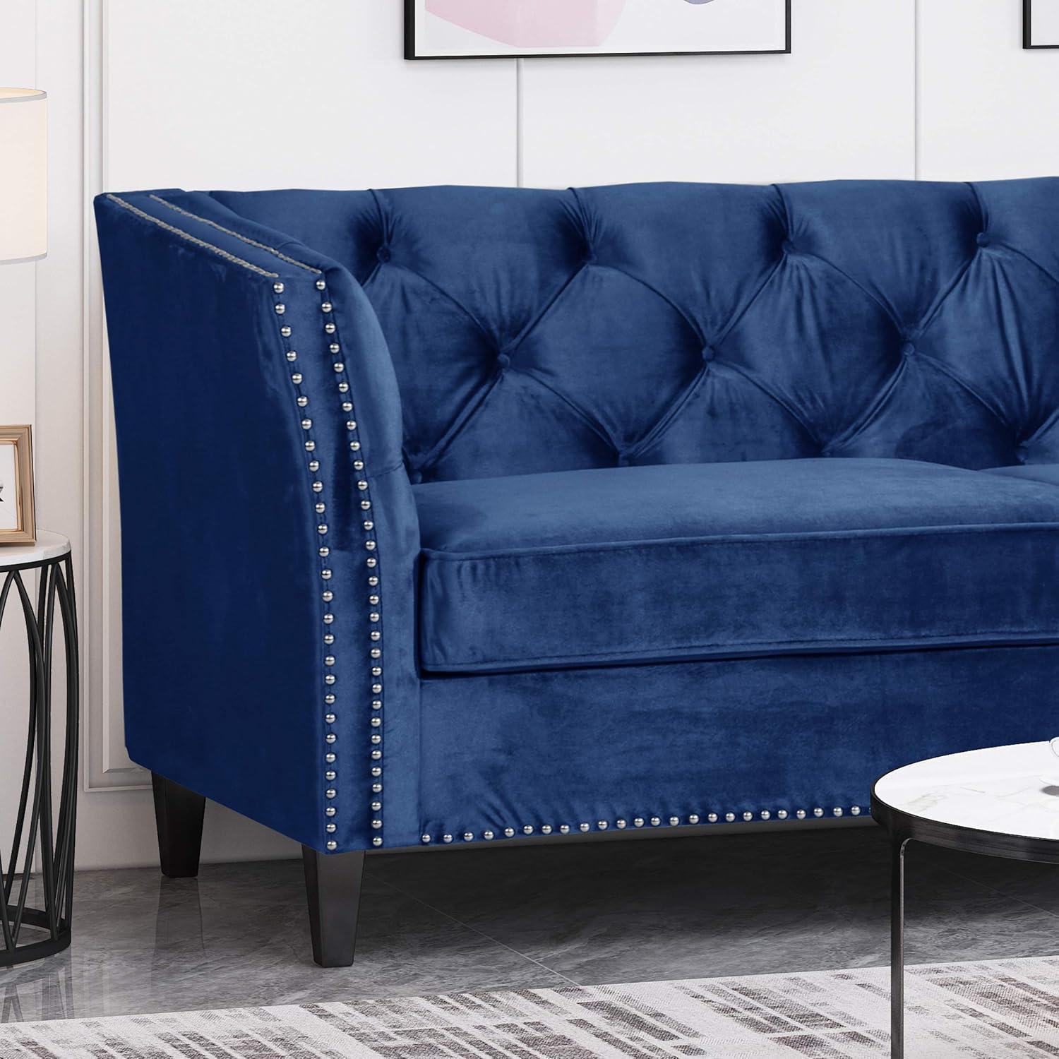 Midnight Blue Velvet Tufted 3-Seater Sofa with Nailhead Trim