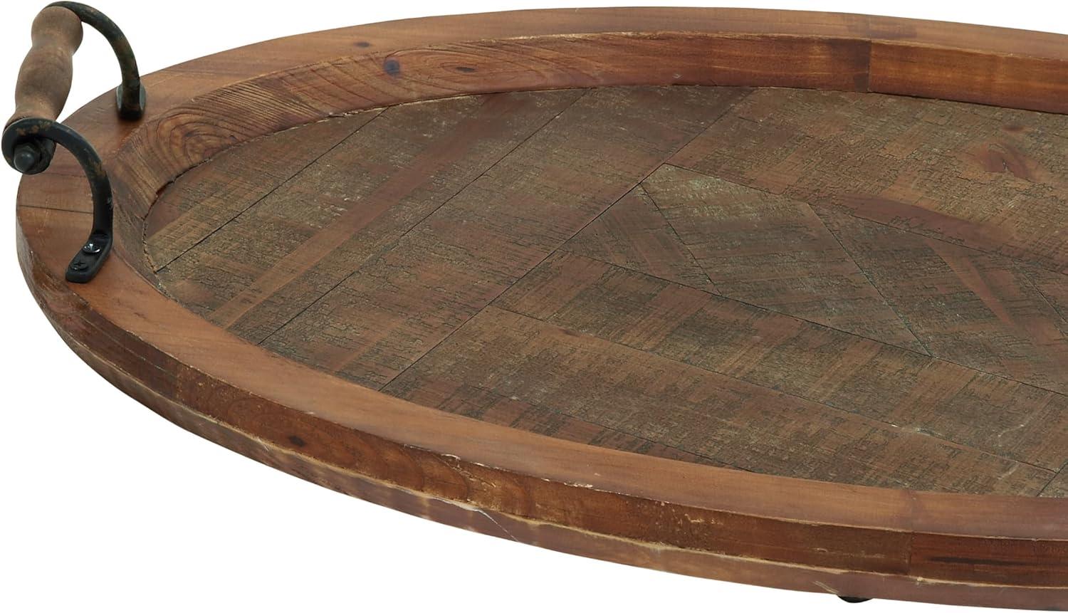 DecMode 29" x 19" Brown Wood Large Oval Tray with Scroll Metal Handles, 1-Piece