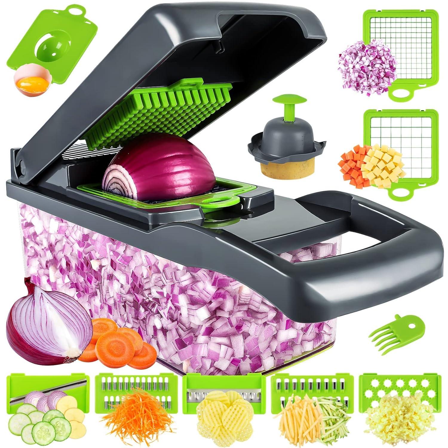 Vegetable Chopper,Pro Onion Chopper,14 in1 Multifunctional Food Chopper,Kitchen Veggie Chopper with 8 Blades,Vegetable Chopper With Container ,Vegetable Slicer Dicer Cutter,Salad,Garlic Chopper