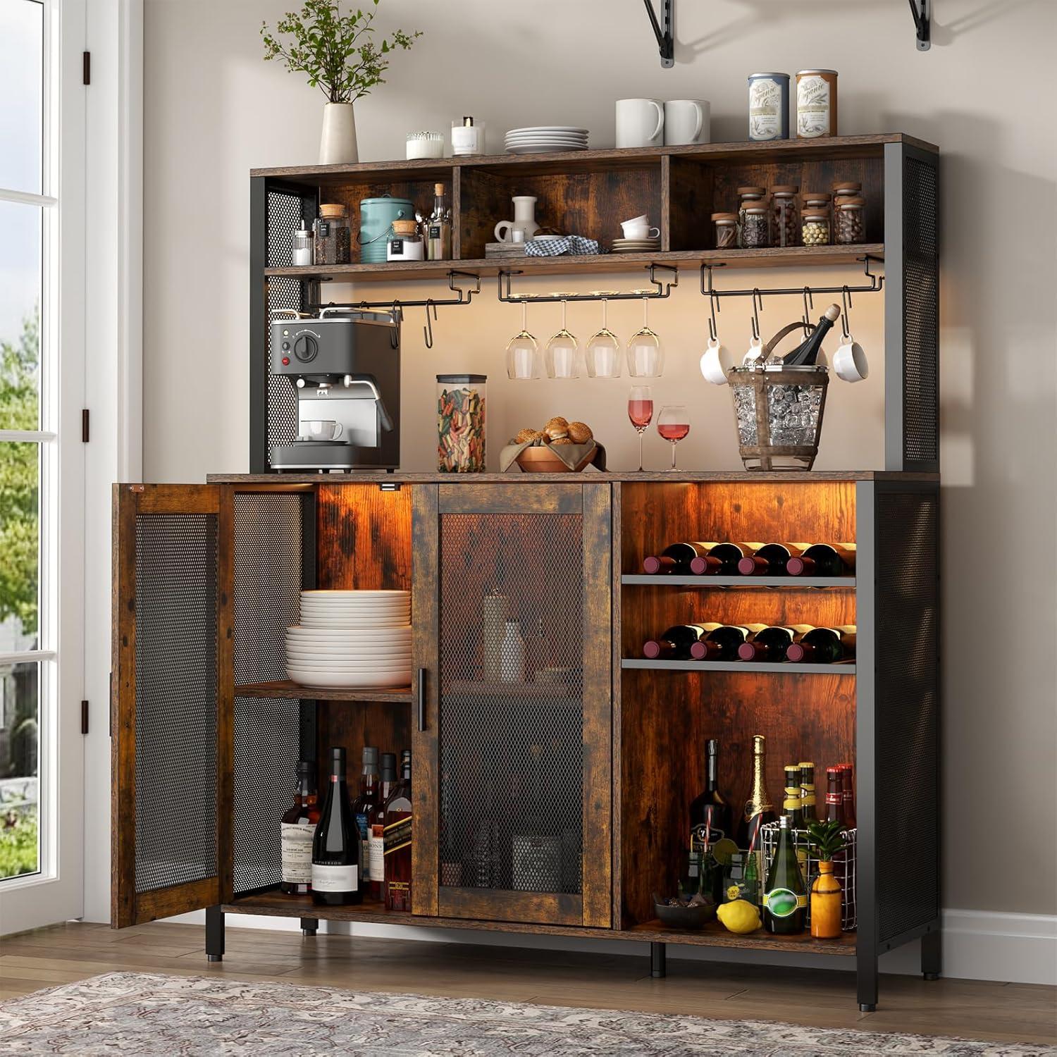 Rustic Brown Industrial Wine Bar Cabinet with LED Lights and Storage