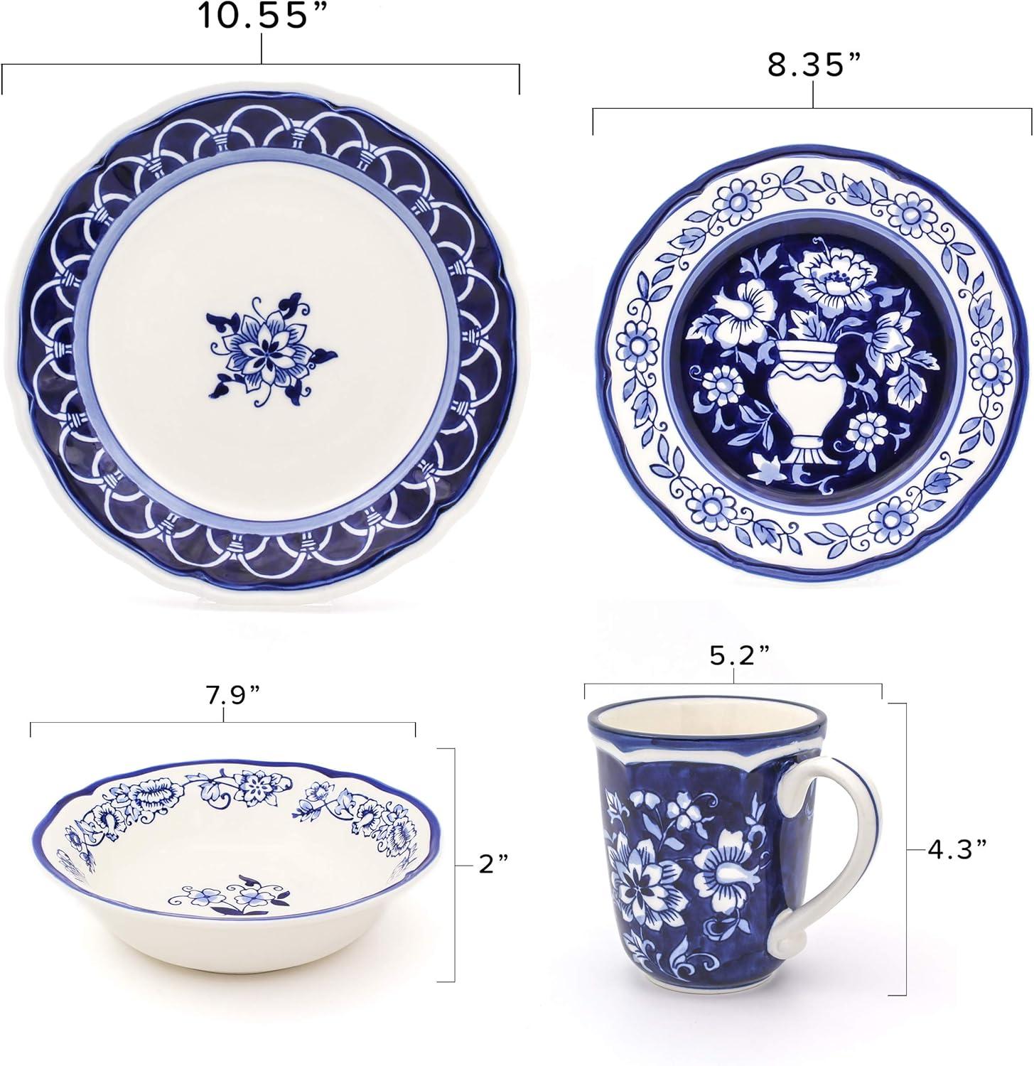 Euro Ceramica Blue Garden 16-Piece Hand-Painted Dinnerware Set- New