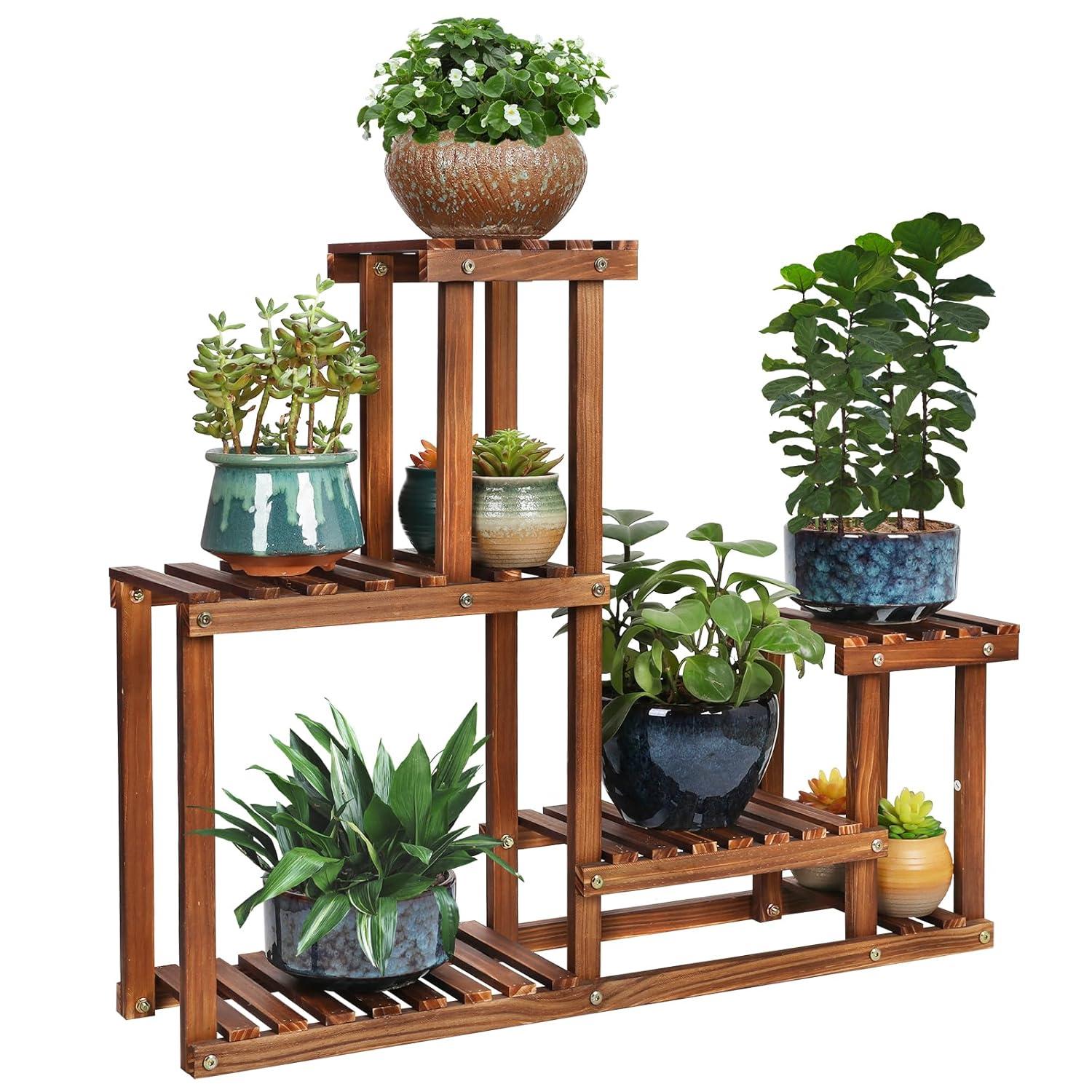 Pine Wood Plant Stand Indoor Outdoor Multi Layer Flower Shelf Rack Higher and Lower Plant Holder in Garden Balcony Patio Living Room (4 Tiers )