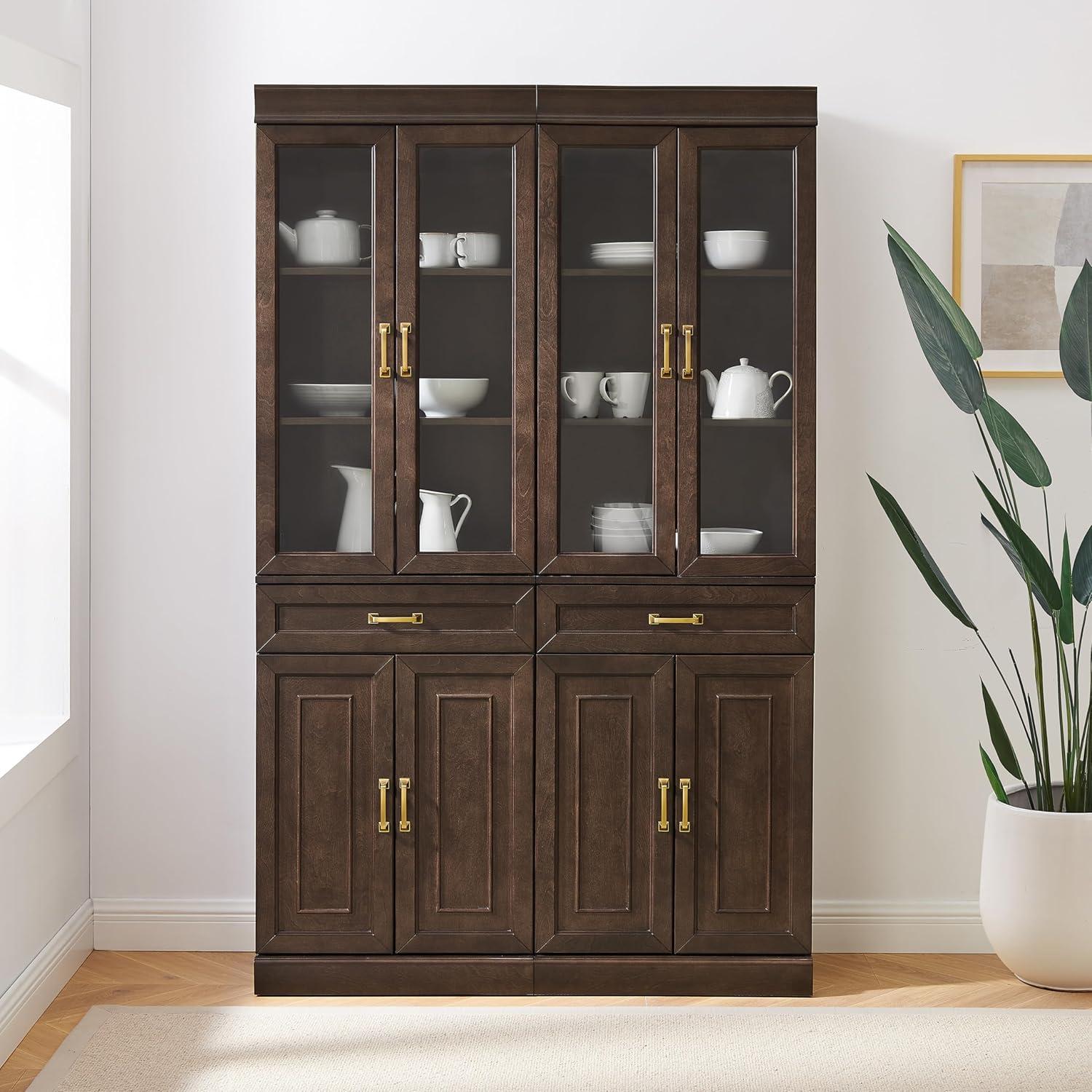 Crosley 78" Stanton 2pc Glass Door Kitchen Storage Pantry Cabinet Set Coffee: Traditional Style, MDF Wood Veneer, 10 Shelves