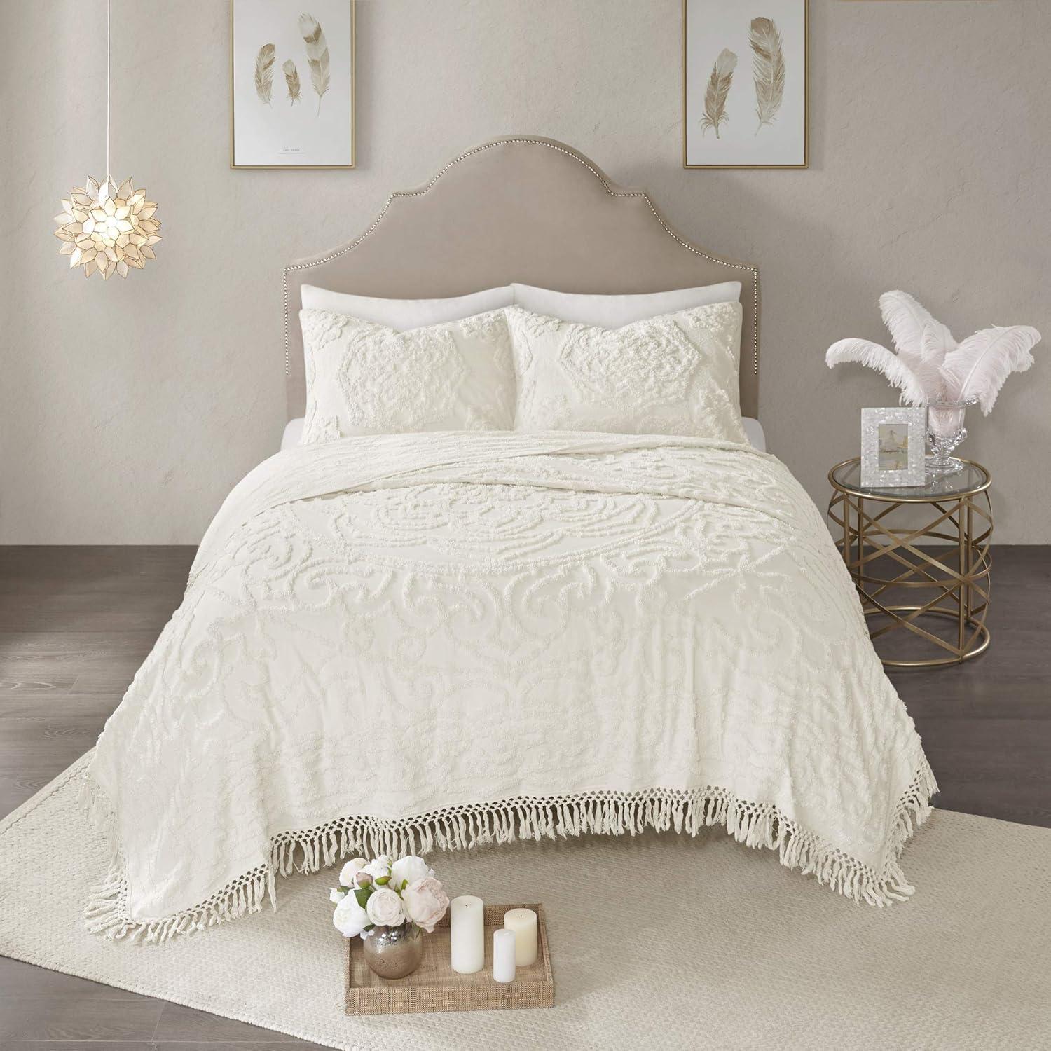 Laetitia Tufted Chenille Cotton Medallion Fringe Coverlet Set