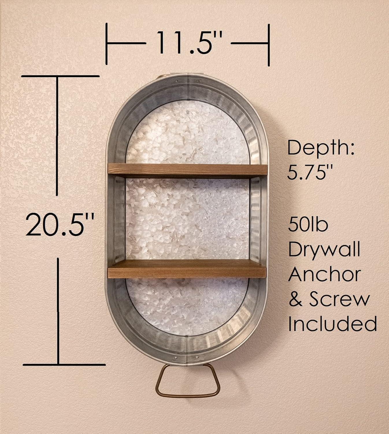 Gracie Oaks Wash Tub With Shelves | Rustic Bathroom Décor | Farmhouse Rustic Bathroom Shelves | Bathroom Tub Of Towels | Metal Wash Tub Cubby | Galvanized Shelf Wall