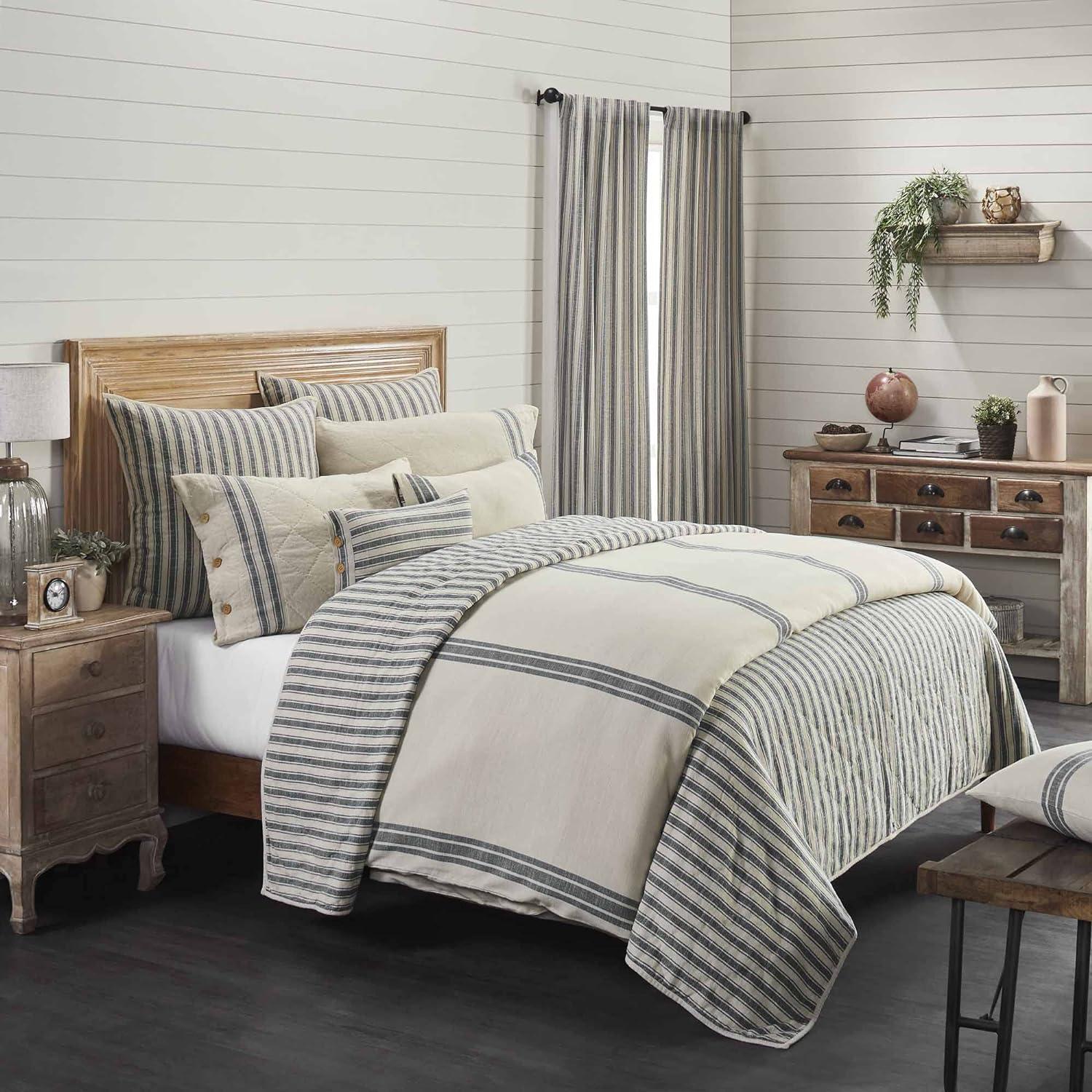 King Size Cream and Gray Cotton Stripe Duvet Cover