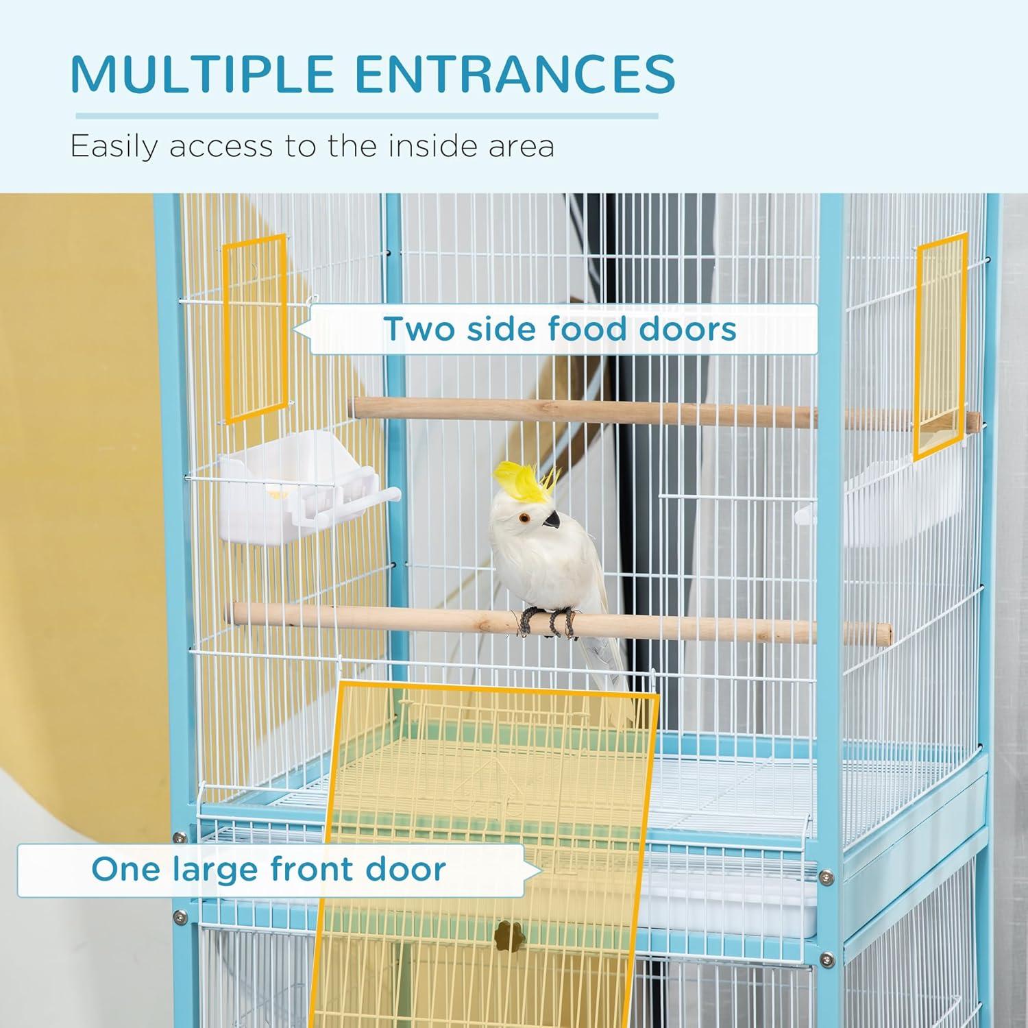 PawHut 55" 2 In 1 Bird Cage Aviary Parakeet House for finches, budgies with Wheels, Slide-out Trays, Wood Perch, Food Containers