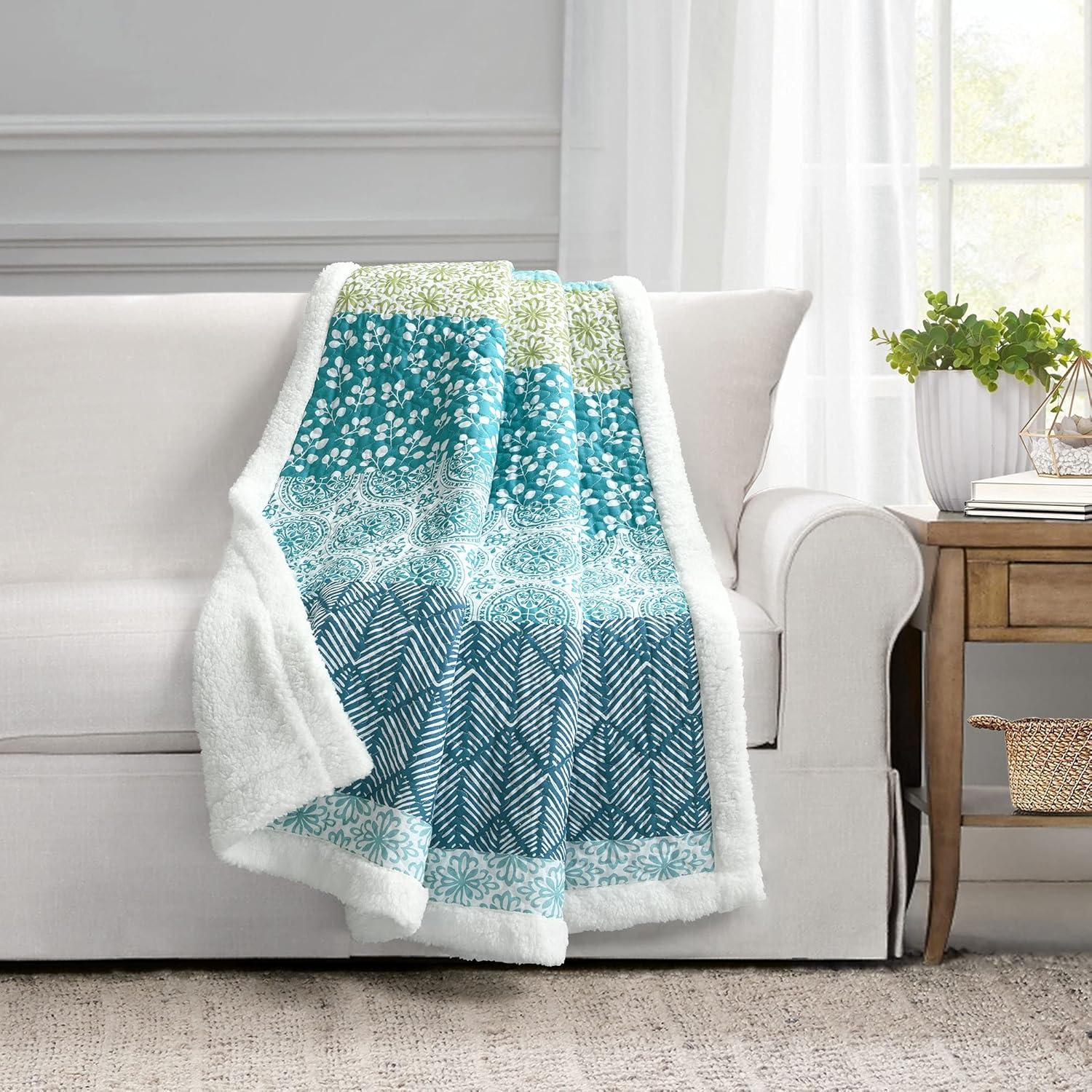 Bohemian Blue and Green Cotton Sherpa Throw Blanket