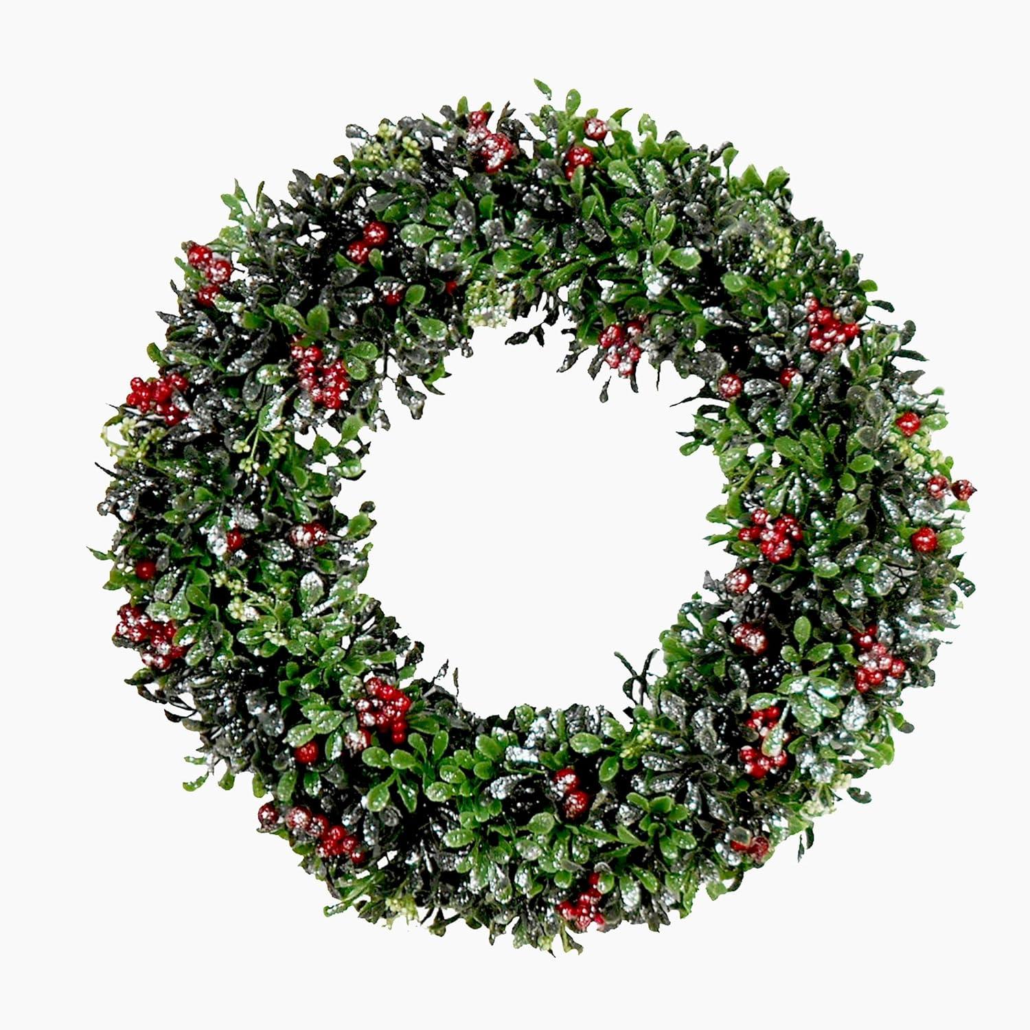 20-Inch Green Faux Boxwood Christmas Wreath with Red Berries