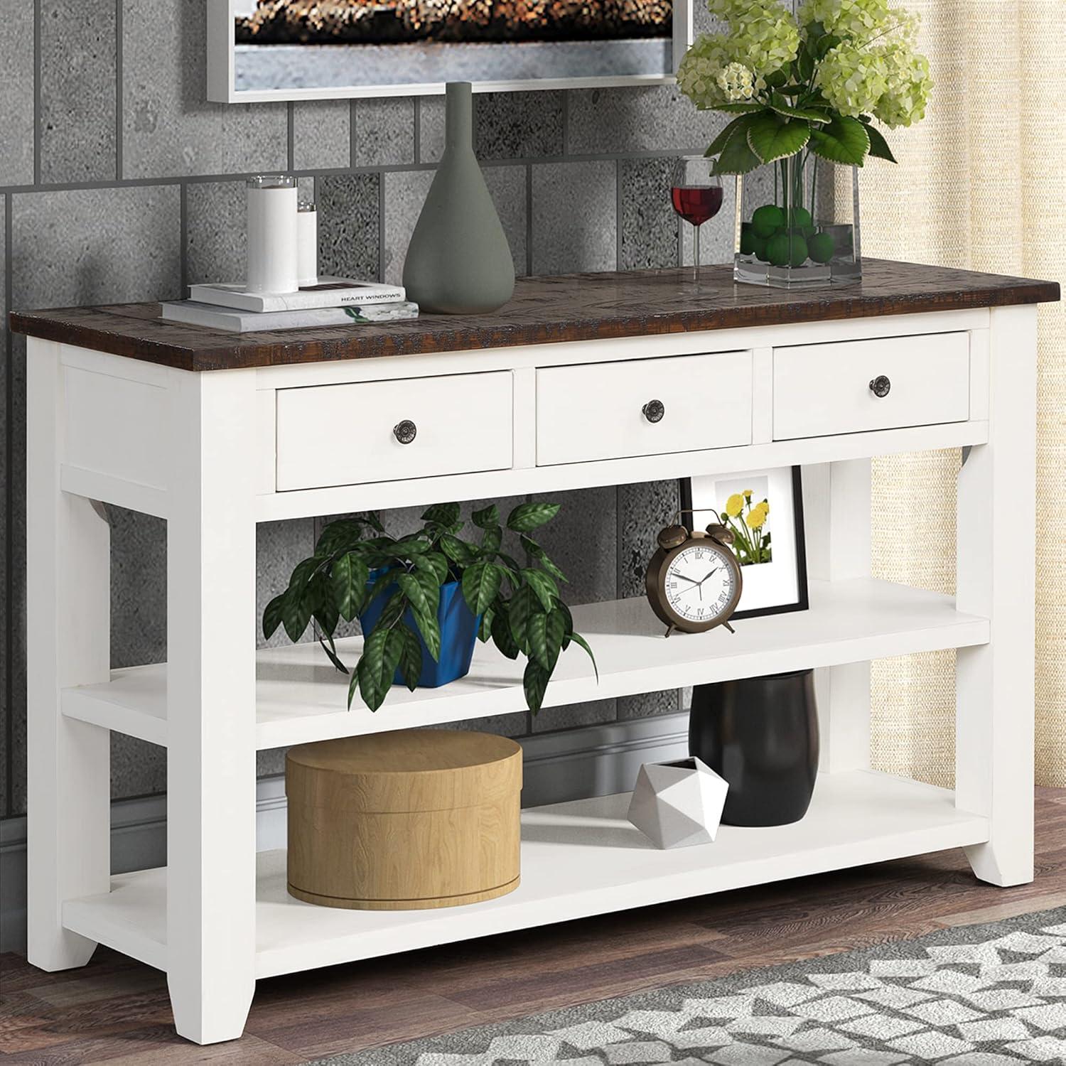 Antique White and Brown Wood Console Table with Storage