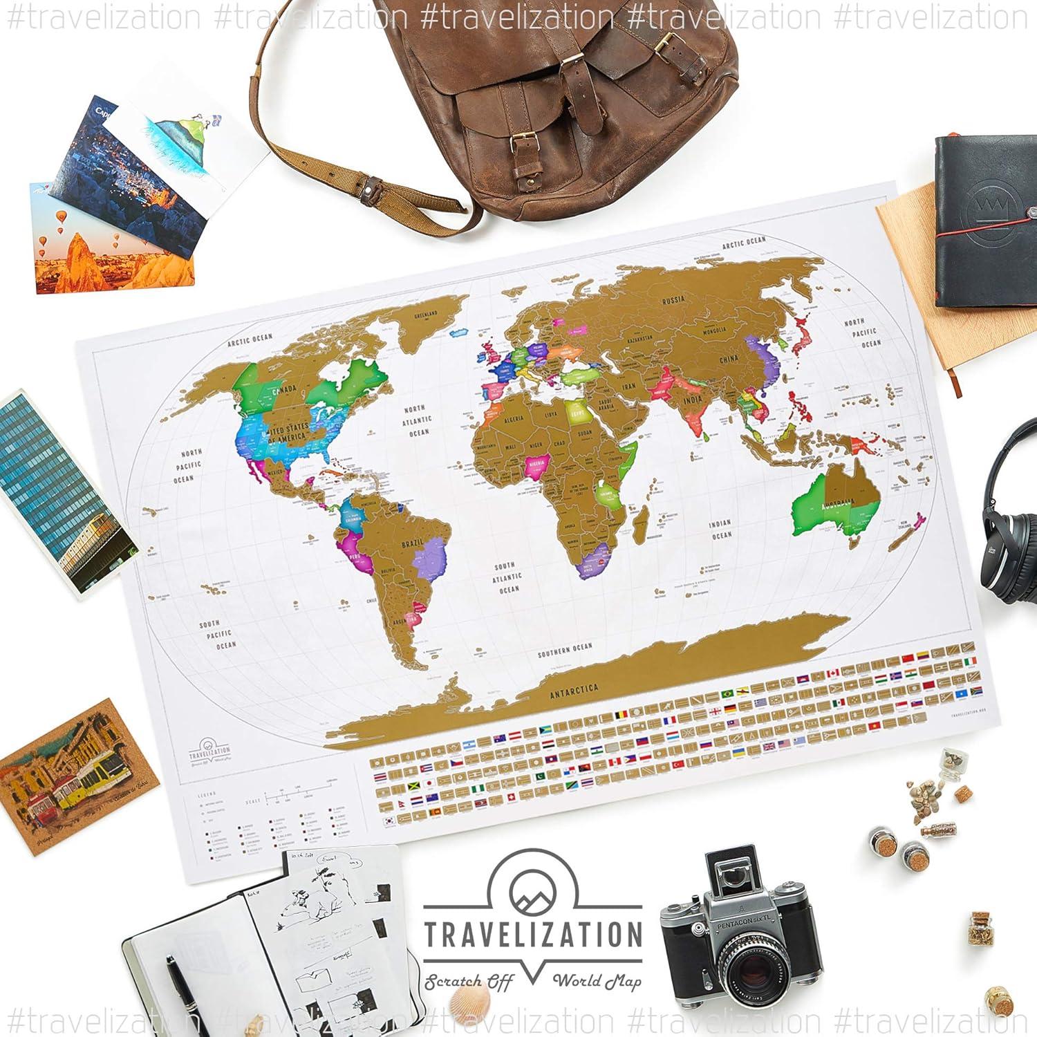 XL Scratch Off World Map with 196 Country Flags 36" x 24" Frameable Travel Map with Vibrant Colors and Premium Gold Coating, Beautiful Visited Places Tracker for Travelers, White