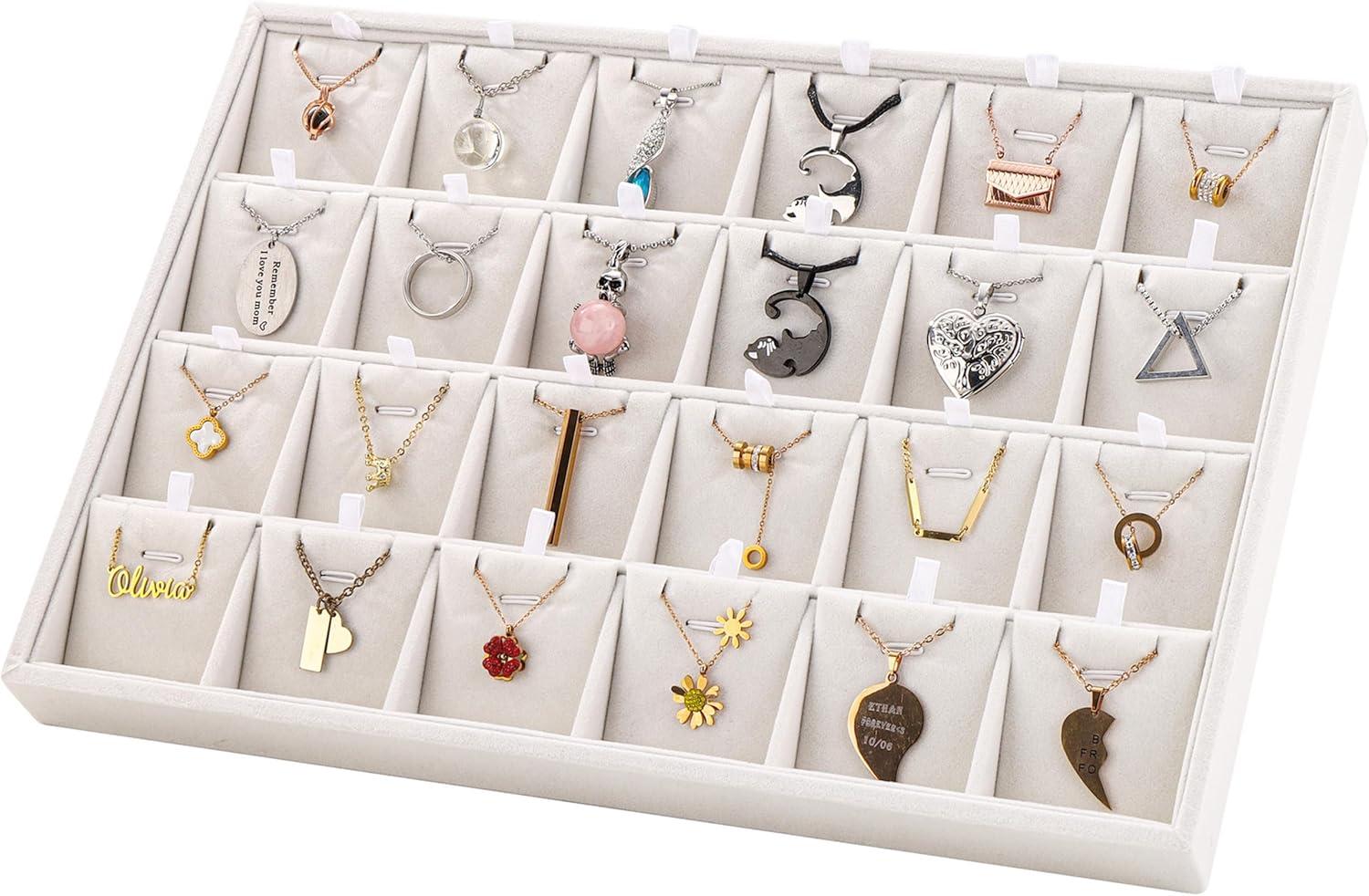 Elegant Beige Linen 24-Compartment Jewelry Tray Organizer