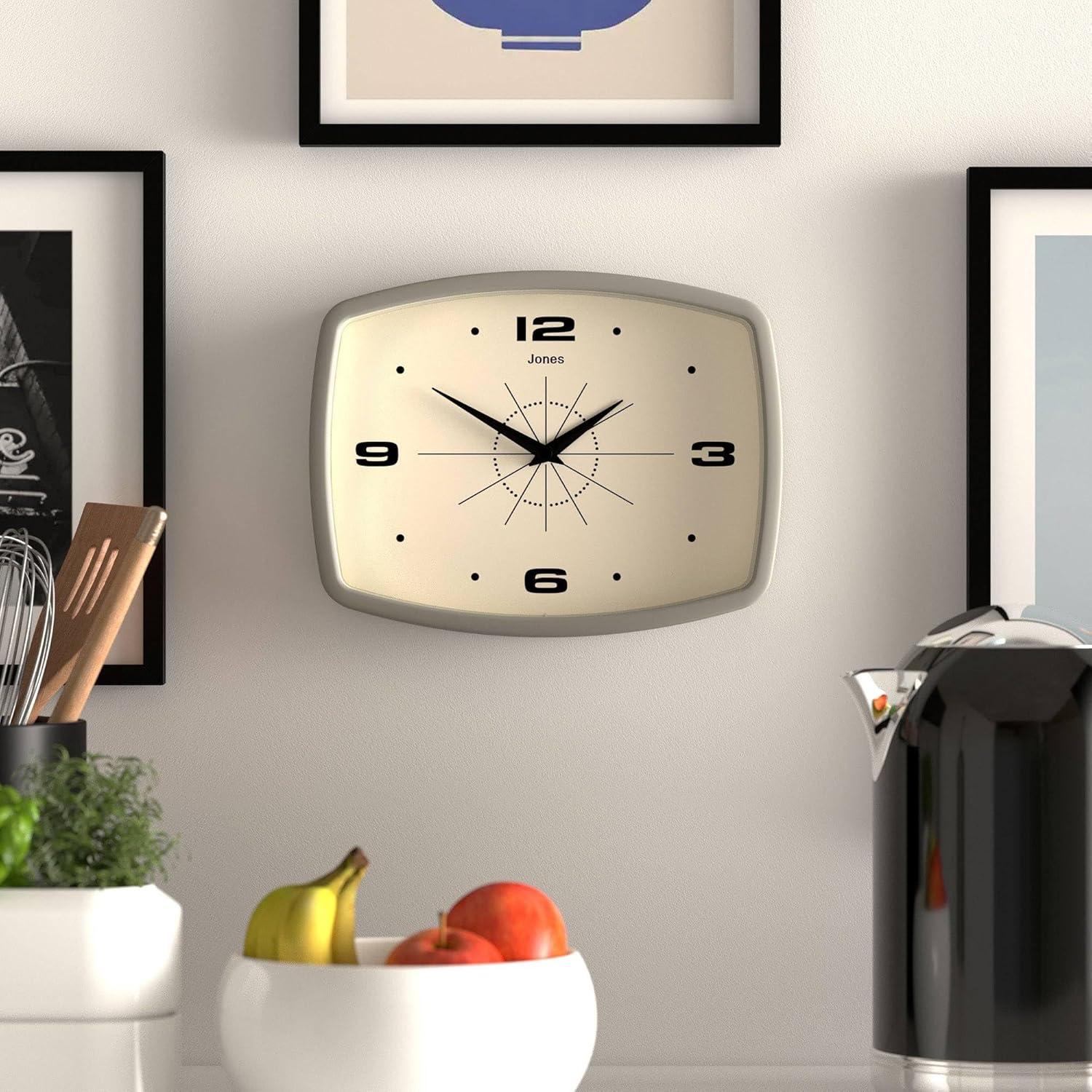 JONES CLOCKS® Movie Wall Clock | Rectangular Retro Clock | 10 inch | Grey | Cool mid-Century Designer Look for Kitchen, Living Room or Office