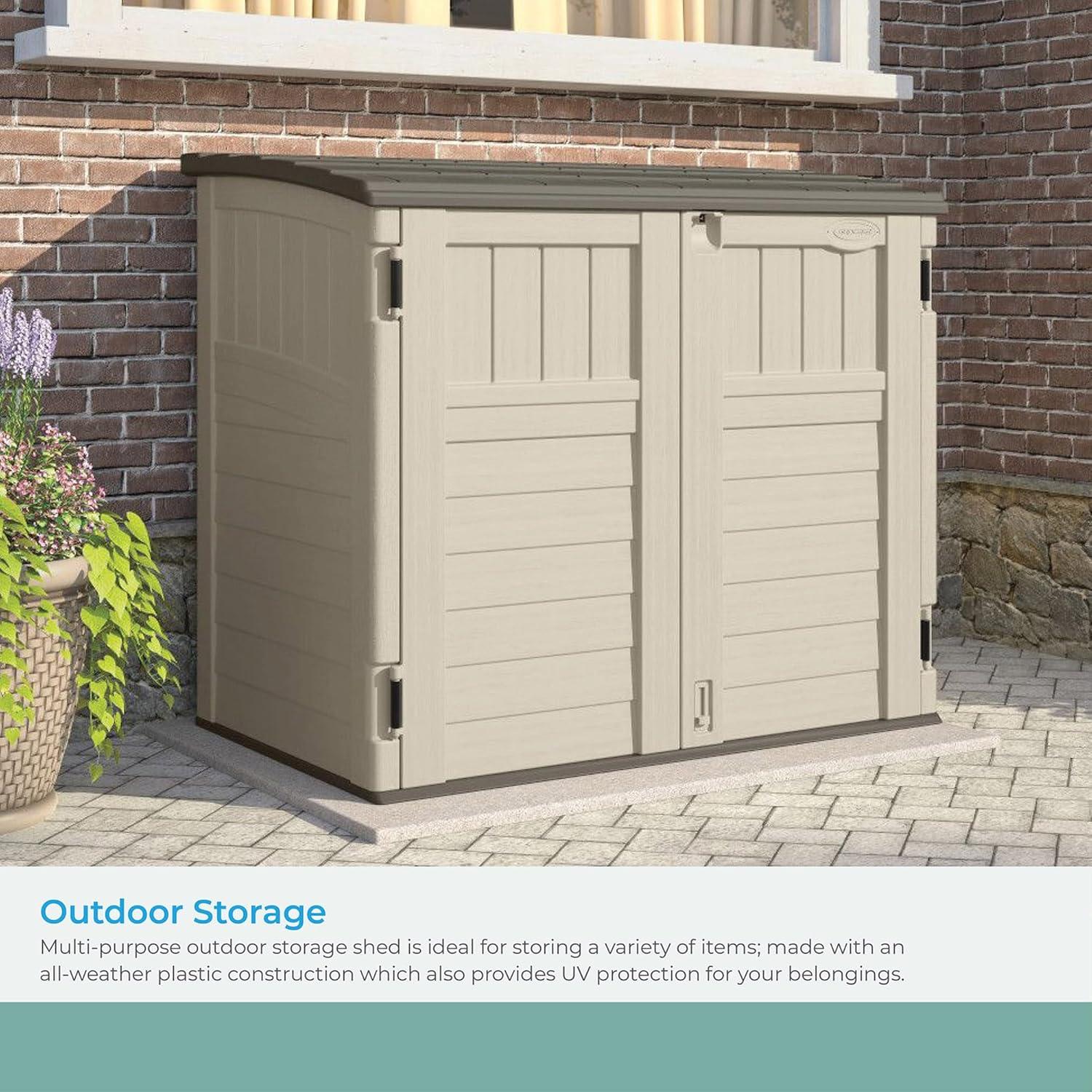 Suncast 34 Cubic Feet Capacity Horizontal Outdoor Storage Shed  for Garbage Cans, Garden Accessories, Backyard, and Patio Use, Vanilla