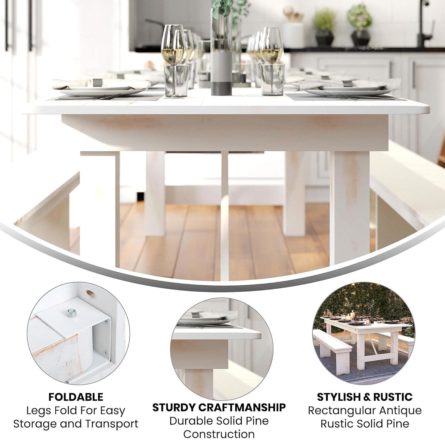 Flash Furniture HERCULES Series 9' x 40" Rectangular Antique Rustic White Solid Pine Folding Farm Table