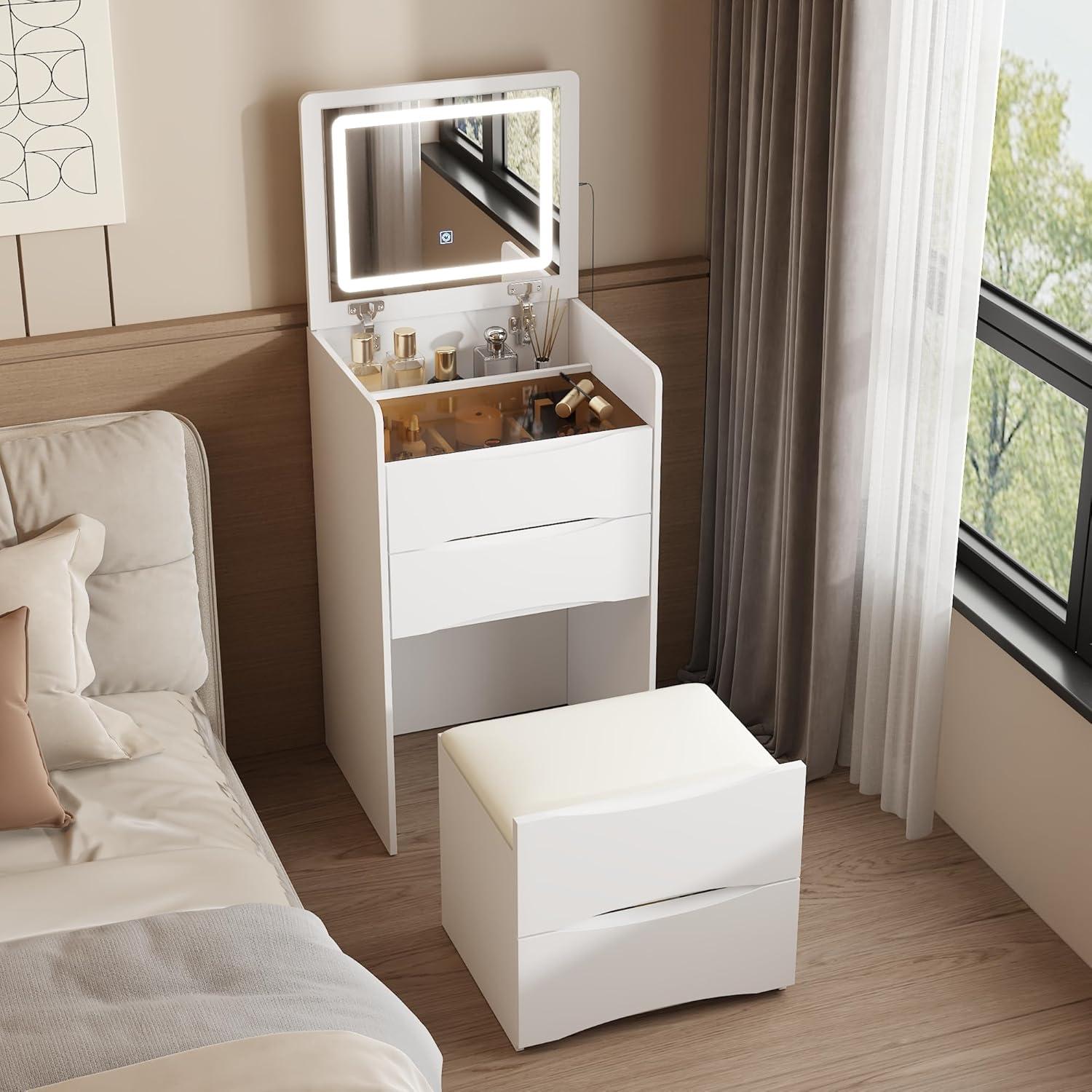Joqixon Vanity Desk with Flip Top Mirror and Lights, Makeup Vanity Set with Glass Shelf, Space Saving Dressing Table with 3 Drawers & Cushion Stool for Bedroom, White