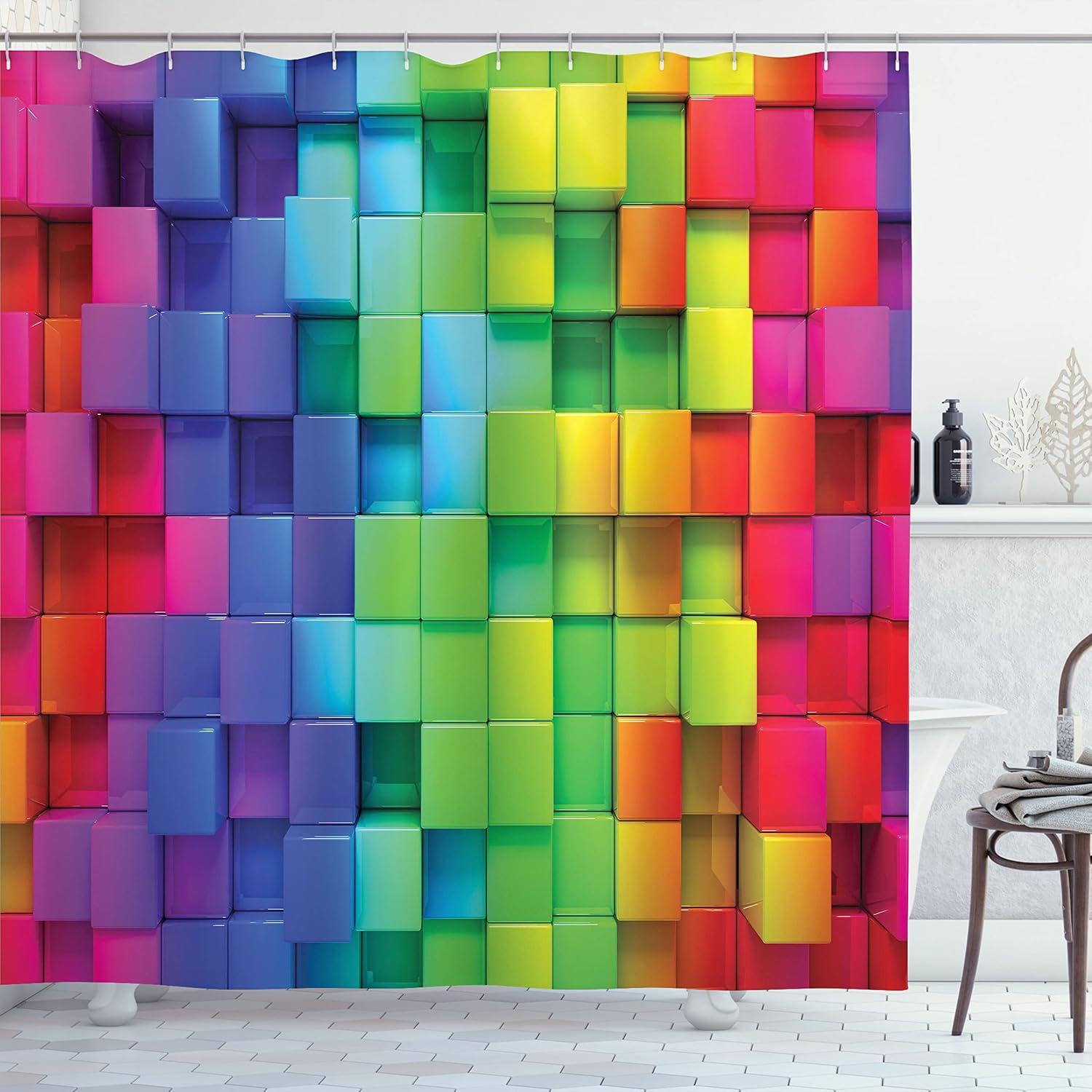 Rainbow Geometric Fabric Shower Curtain with Hooks