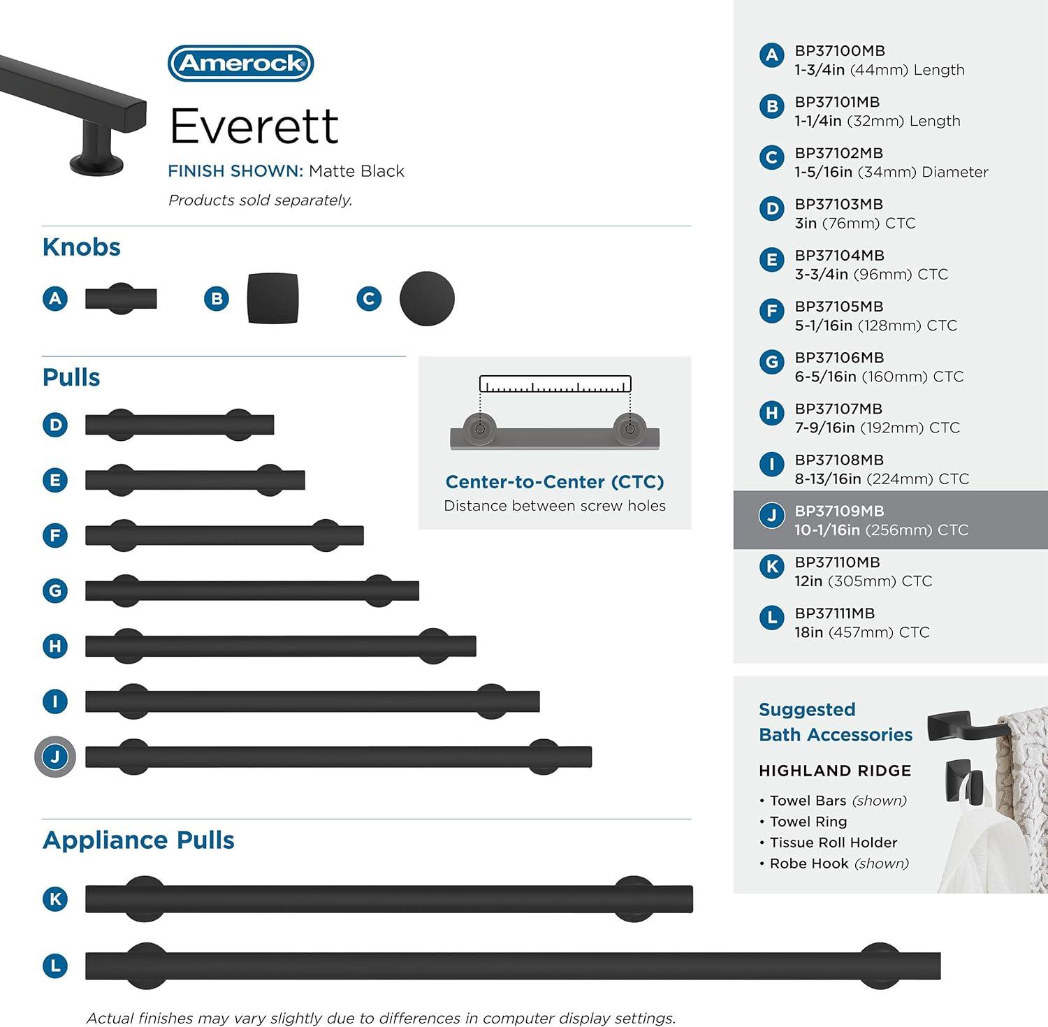 Amerock Everett 10-1/16 inch (256mm) Center-to-Center Matte Black Cabinet Pull