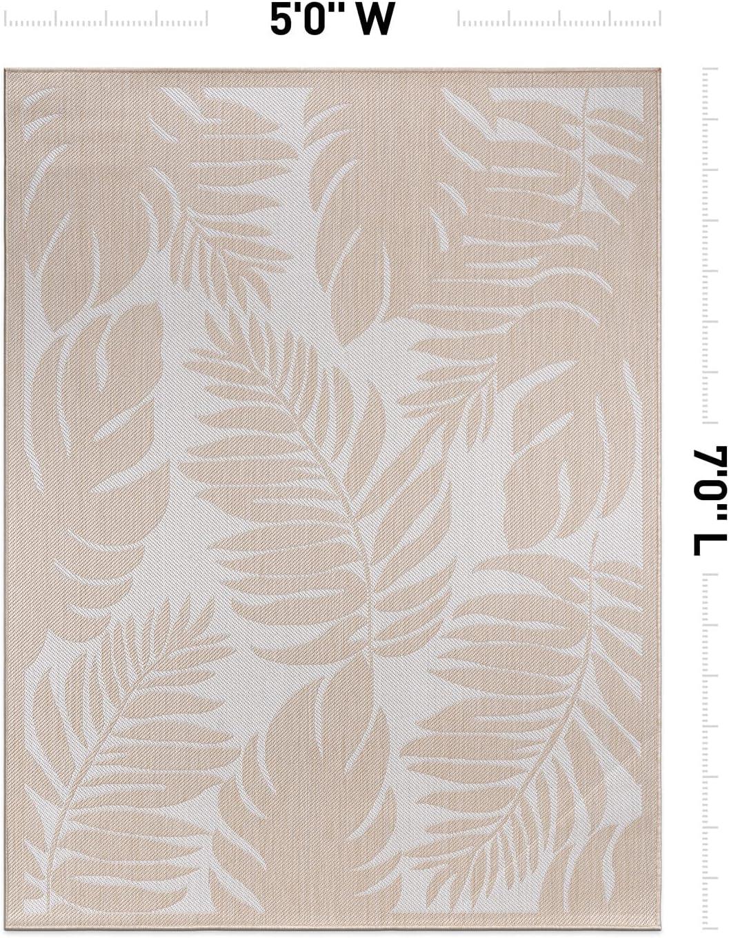 World Rug Gallery Floral Leaves Textured Flat Weave Indoor/Outdoor Area Rug - NATURAL 5' X 7'