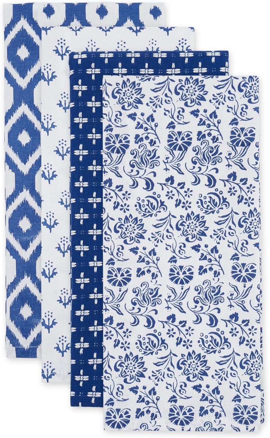 Blue and White Cotton Festive Dishtowel Set, 18x28, 4 Pieces