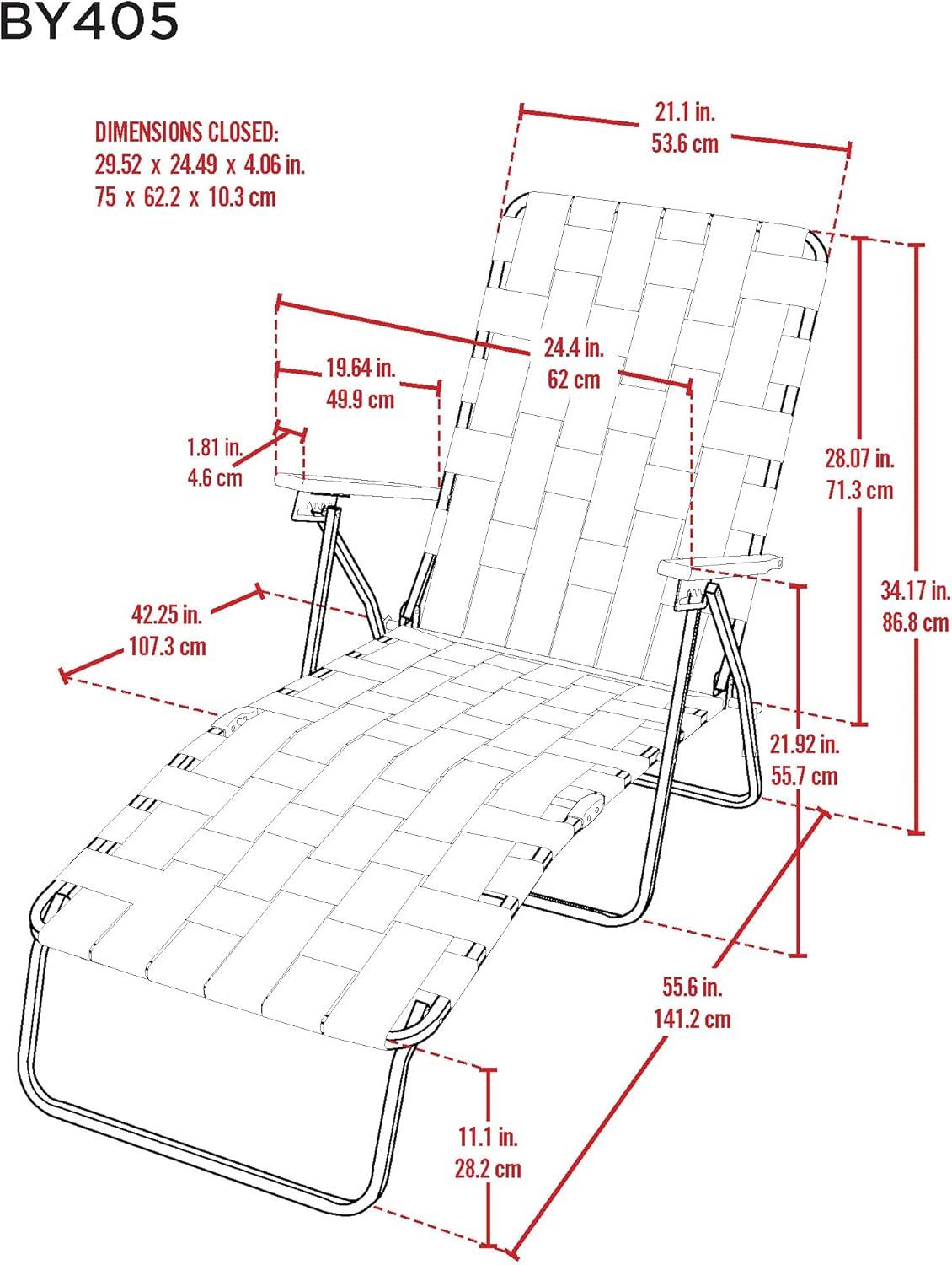 Blue and White Folding Web Chaise Lounge Chair with Wooden Arms