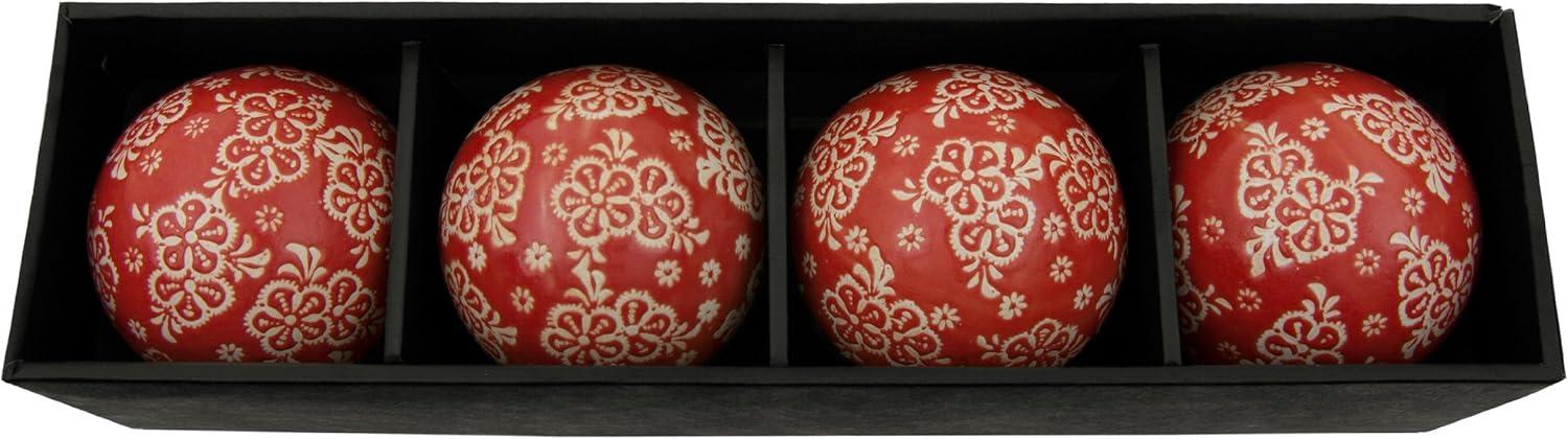 Oriental Furniture 4" Red and Beige Flowers Porcelain Ball Set