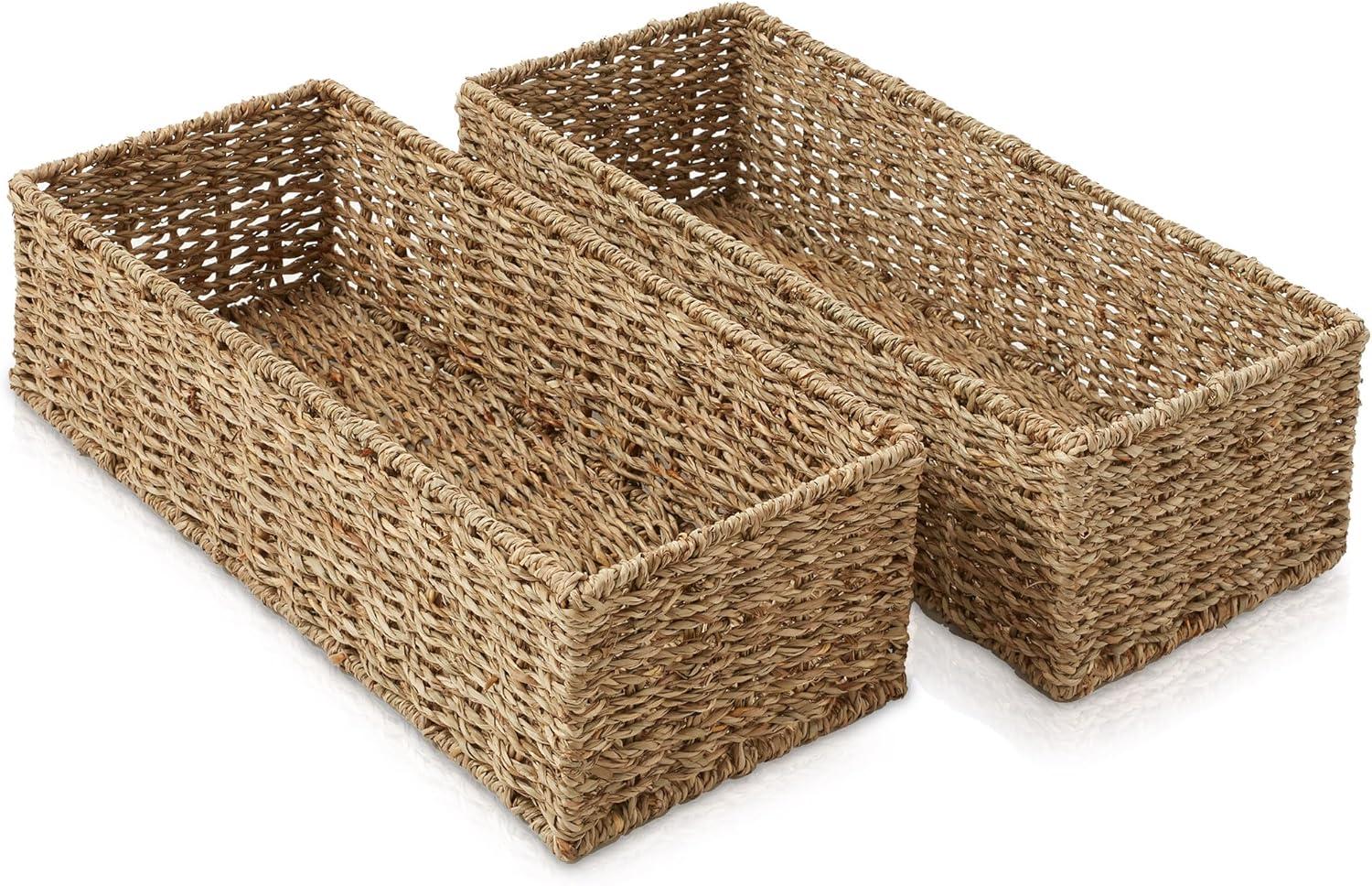 Casafield Bathroom Storage Baskets - Set of 2, Natural - Seagrass, 16" W  x 6.75" D x 4.25" H, Woven Toilet Paper, Tissue, Shelving Bins
