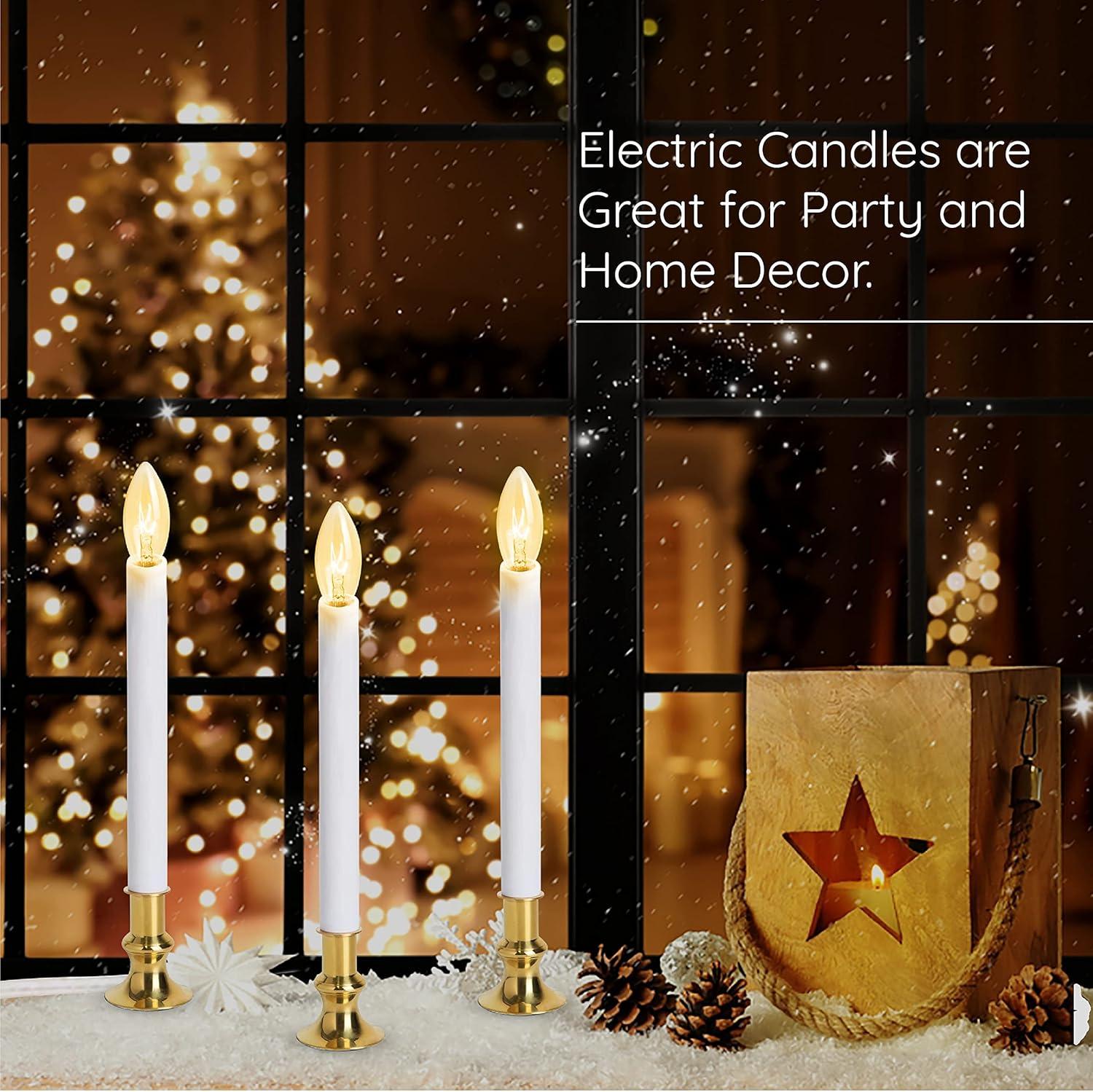 Electric Christmas Window Candle Lamp with Brass Plated Base, Dusk to Dawn | Auto Sensor | Turns Candle on in Dark and Off in Light, Ready to Use! | 4 Pack