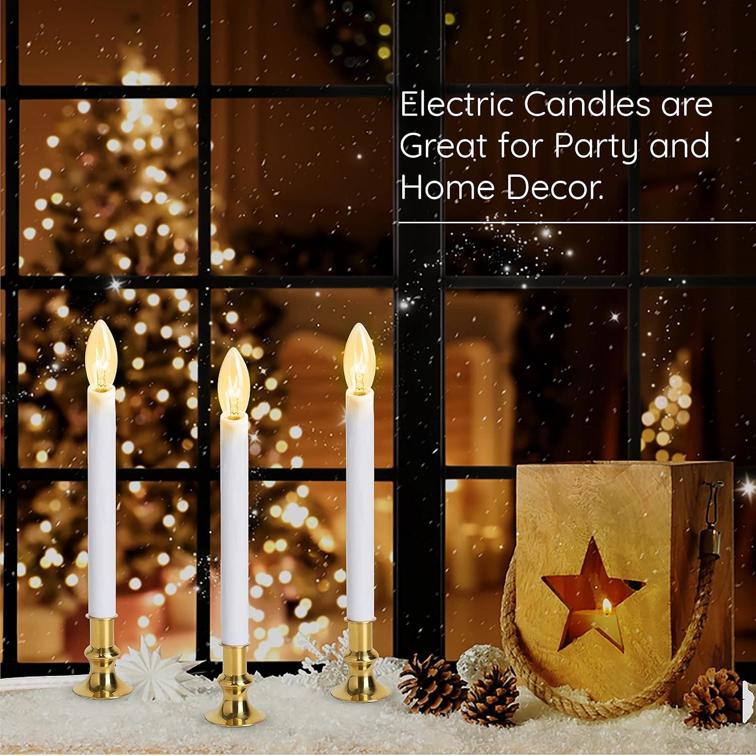 Electric Christmas Window Candle Lamp with Brass Plated Base, Dusk to Dawn | Auto Sensor | Turns Candle on in Dark and Off in Light, Ready to Use! | 4 Pack