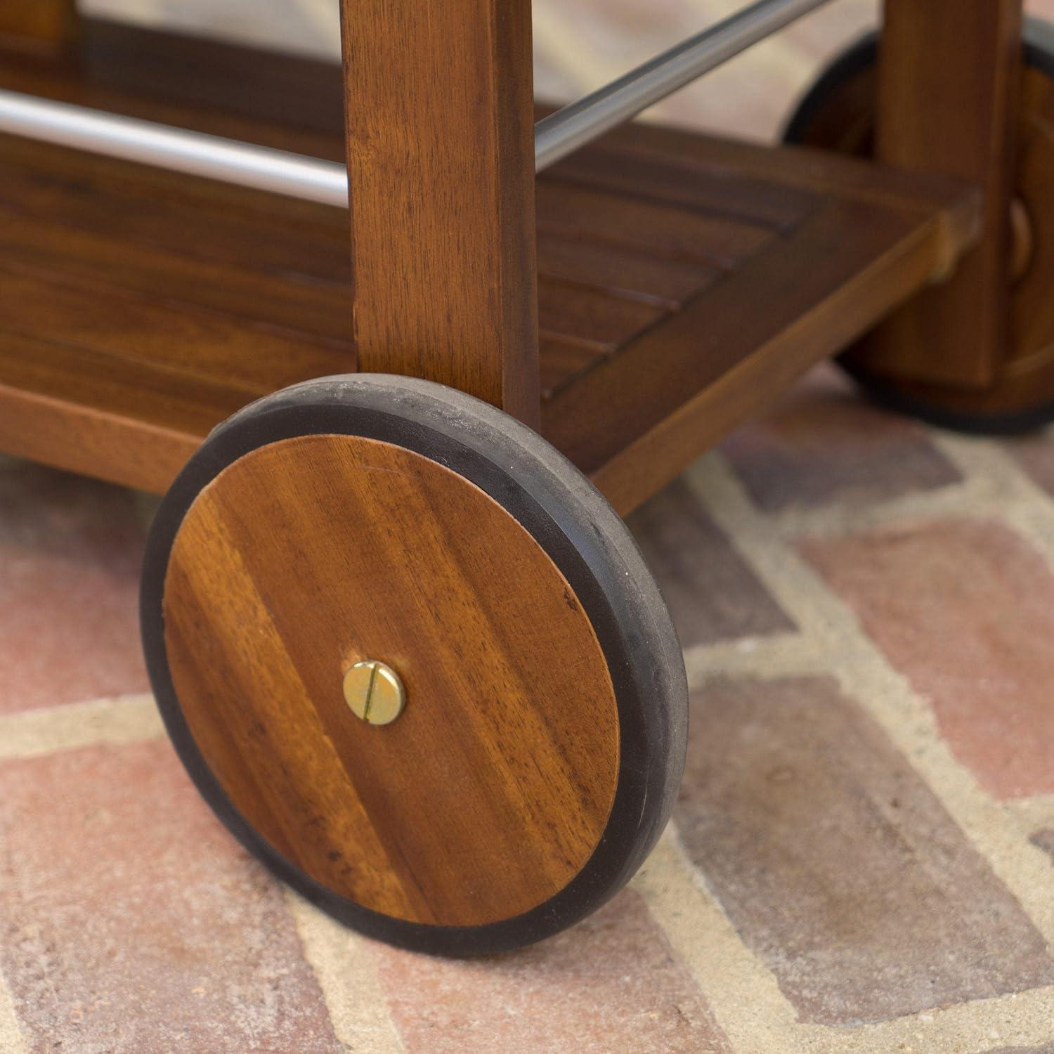 Modern Industrial Dark Oak Acacia Wood Bar Cart with Drop Leaf and Wine Rack