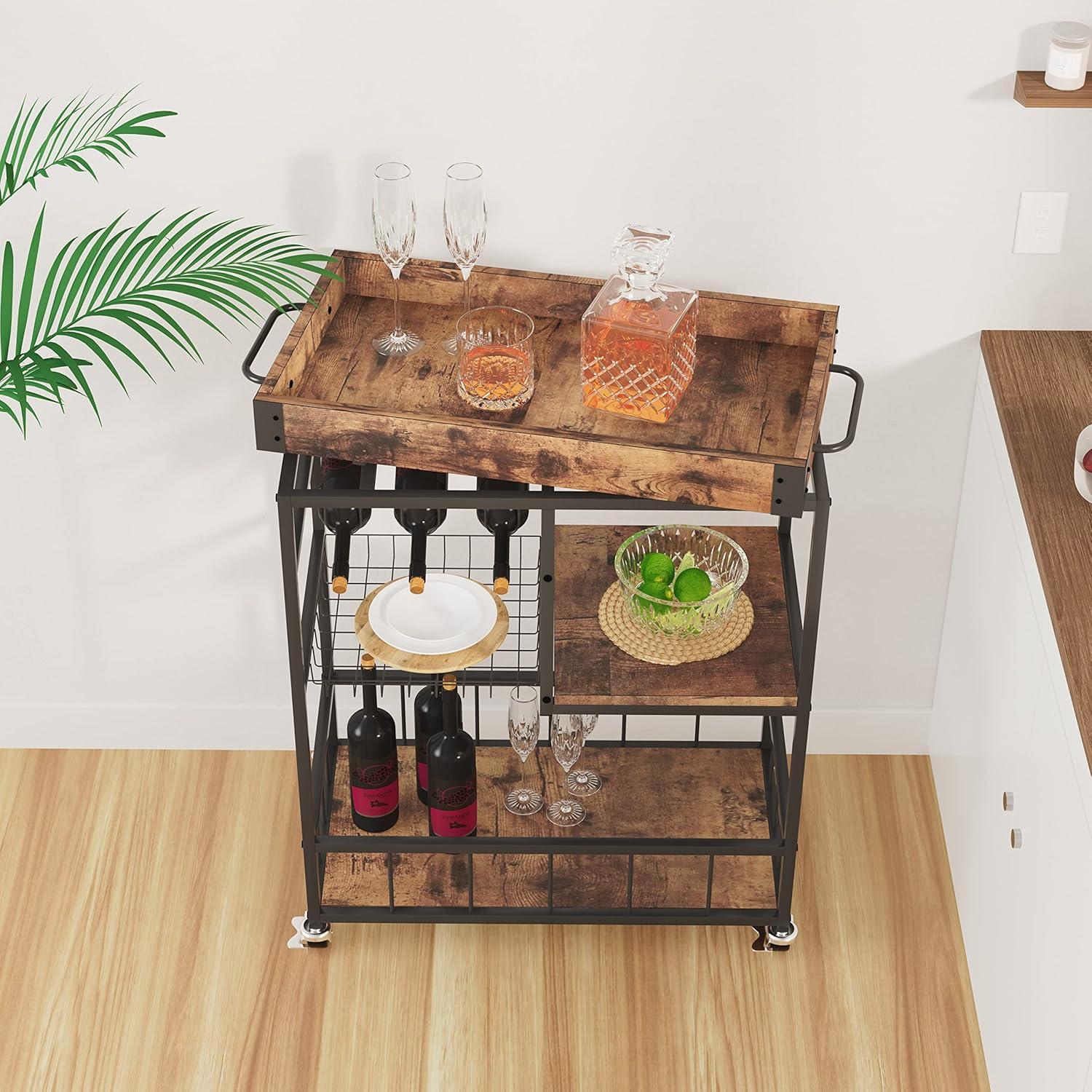 Bar Cart with Basket 3 Tiers Home Rolling Wine Rack with Wheels Mobile Kitchen Industrial Vintage Style Wood Metal Serving Trolley Serving Cart,Glass Holder Bar Cabinet