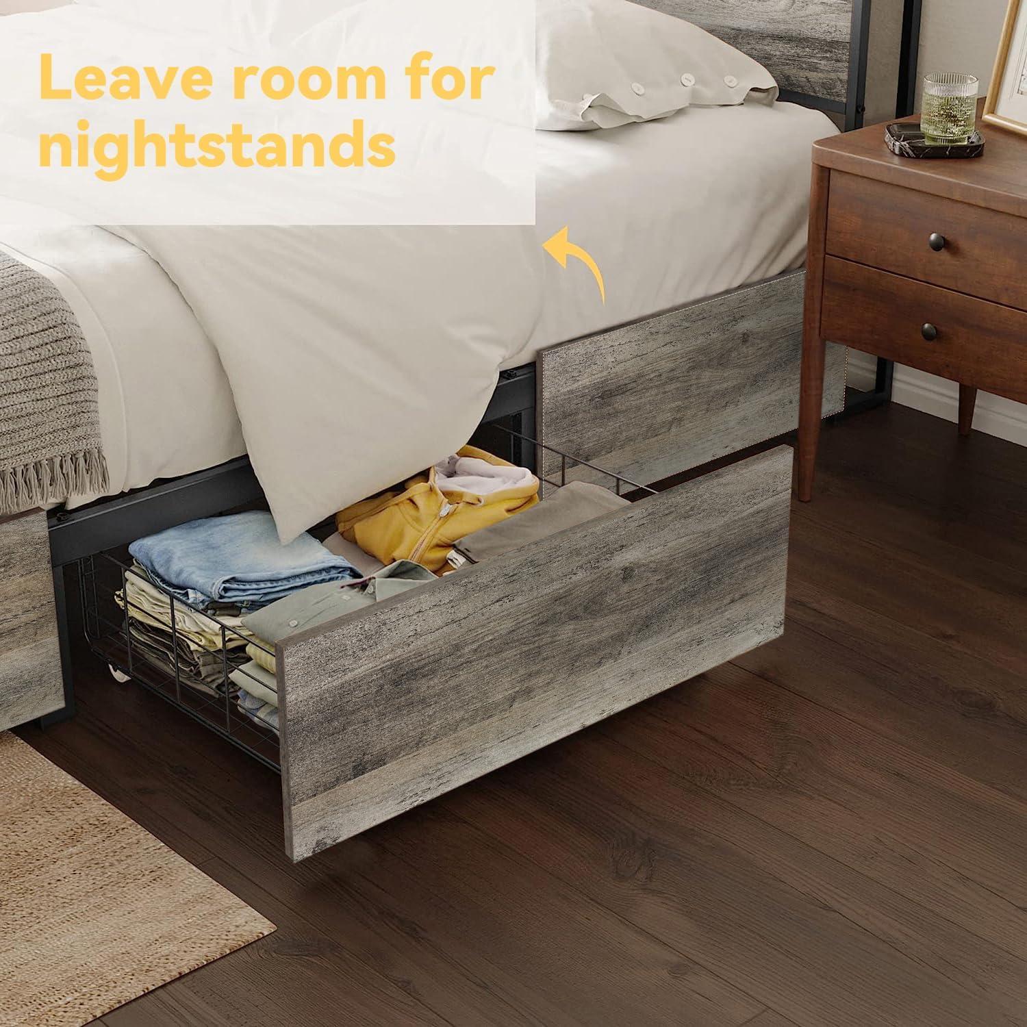 Full Size Gray Metal Bed Frame with LED Headboard and Storage Drawers