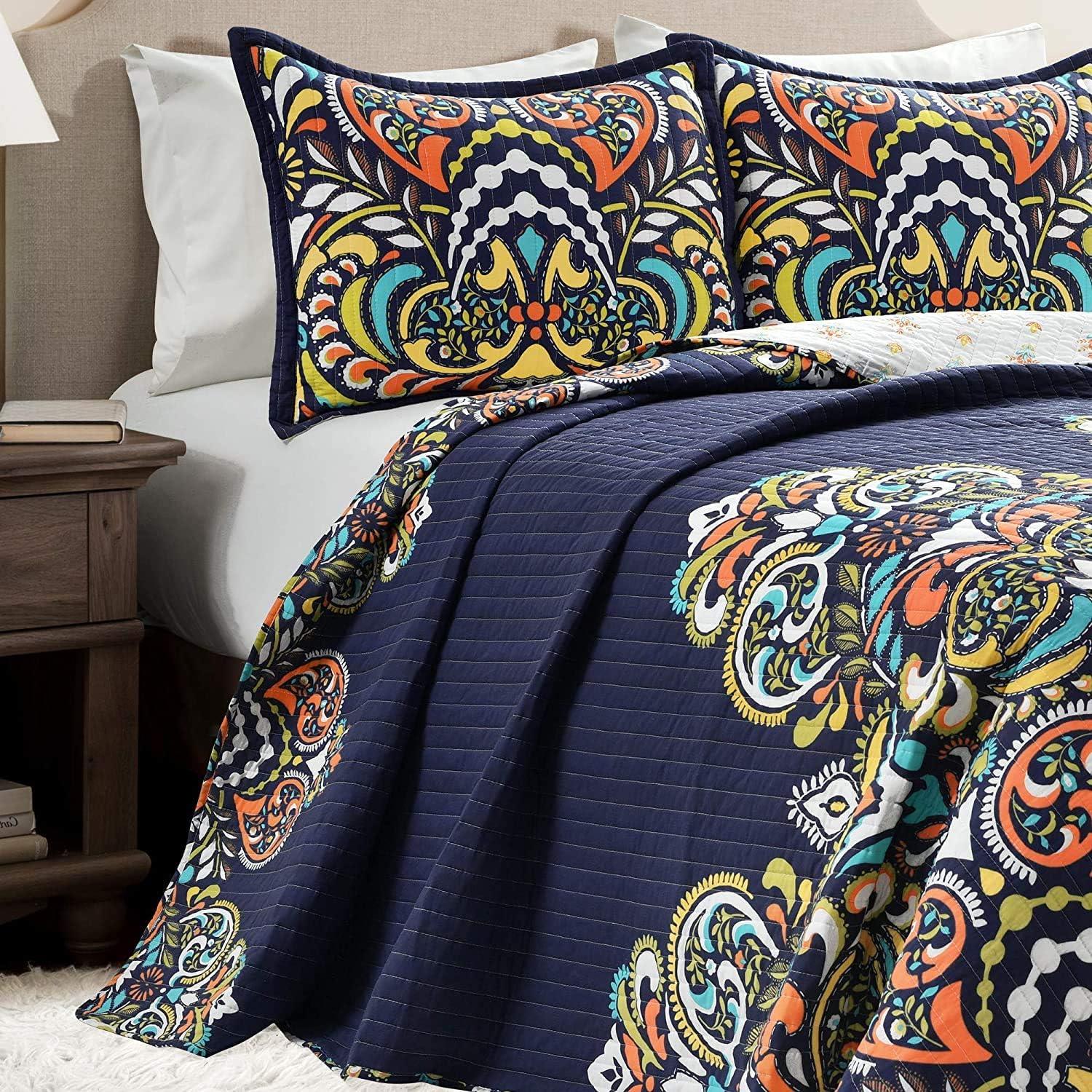 Navy Reversible Cotton Full Quilt Set with Paisley Damask Pattern