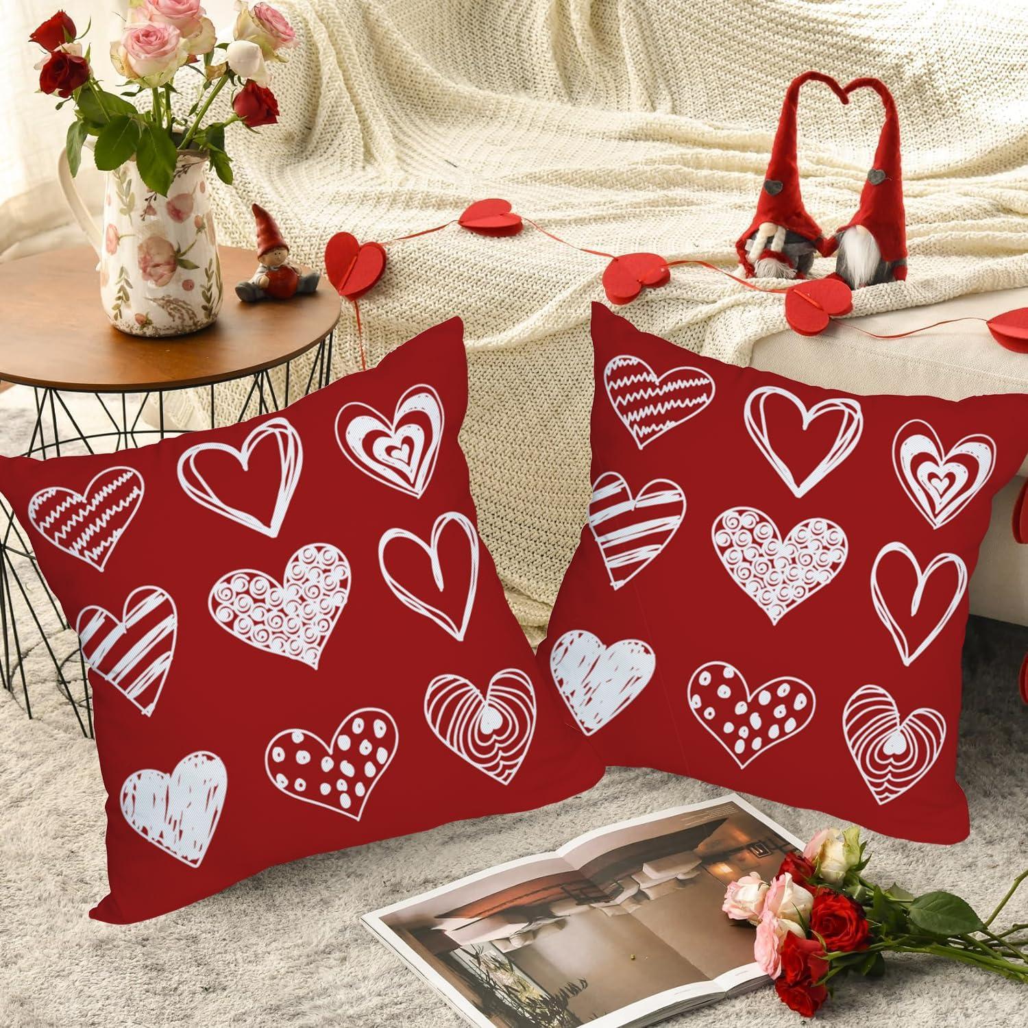 Red and White Polyester Valentine's Day Heart Pillow Covers 18x18 Inch Set