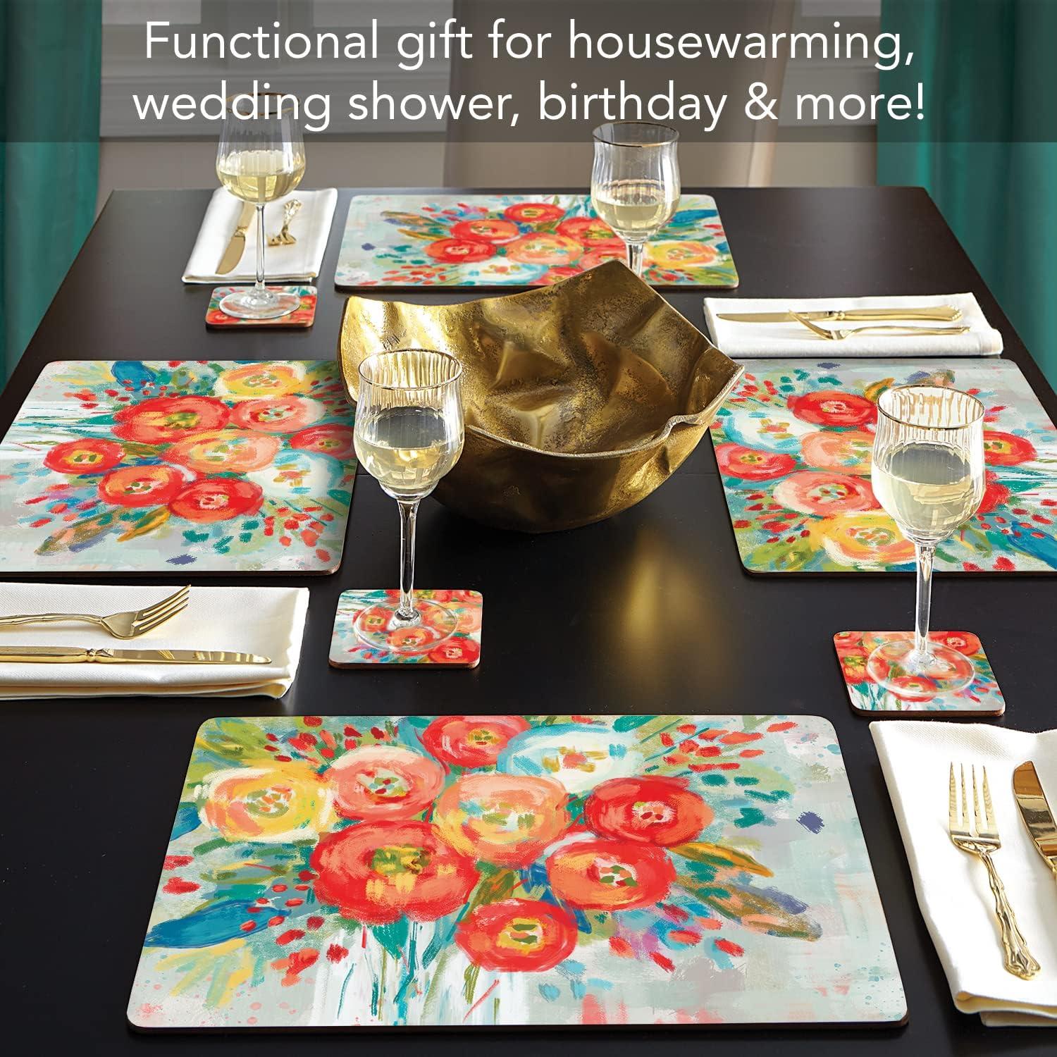 Cala Home "Coral Floral" Premium Decorative Hardboard Cork Back Tabletop Placemats 4 Pack