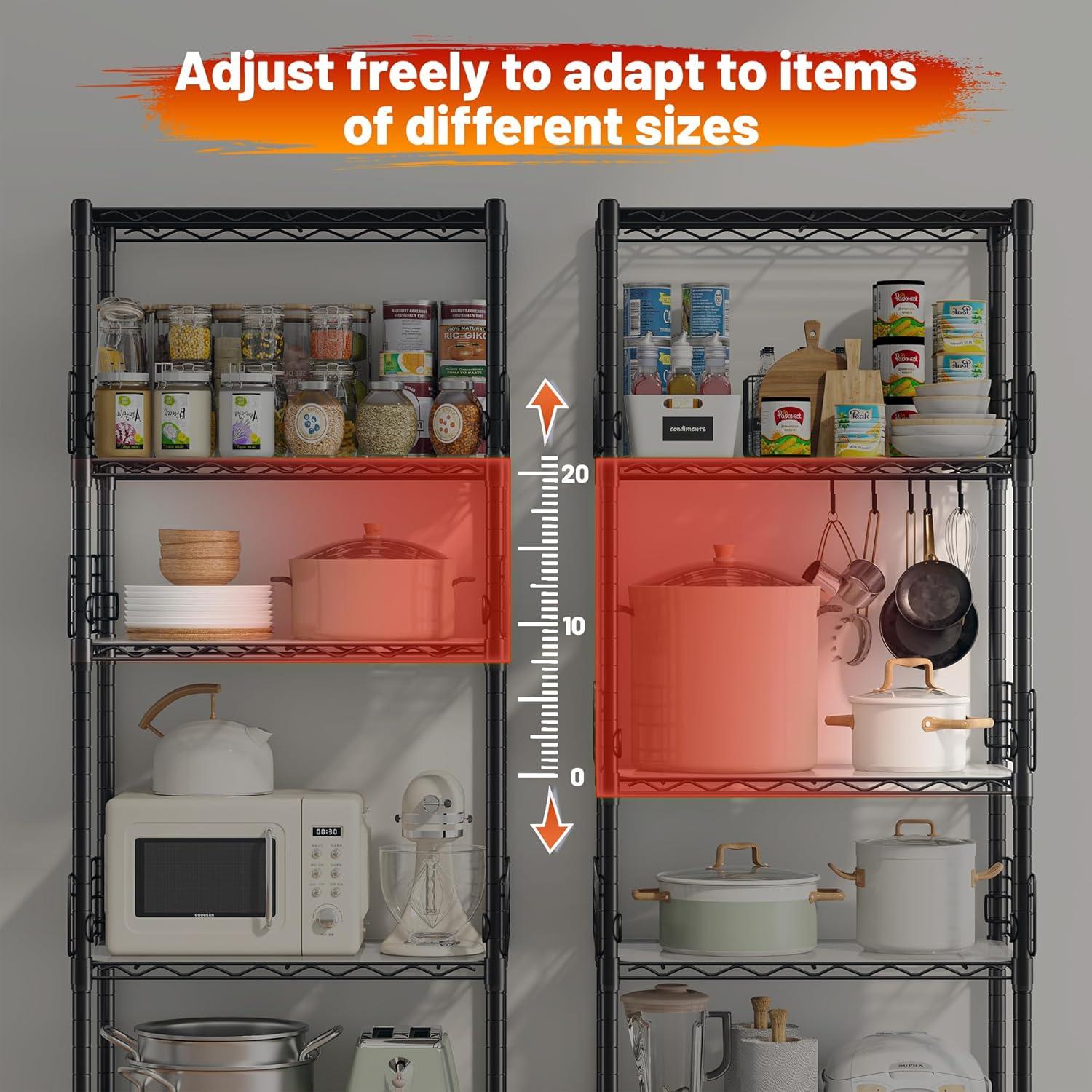 LINSY HOME Pantry Storage Shelves, 5-Tier Adjustable Heavy Duty Metal Storage Shelf, 59" Tall Standing Shelf, Upgrade Steel Wire Rack Organizer for Kitchen, Bathroom, Garage, Living Room, Black