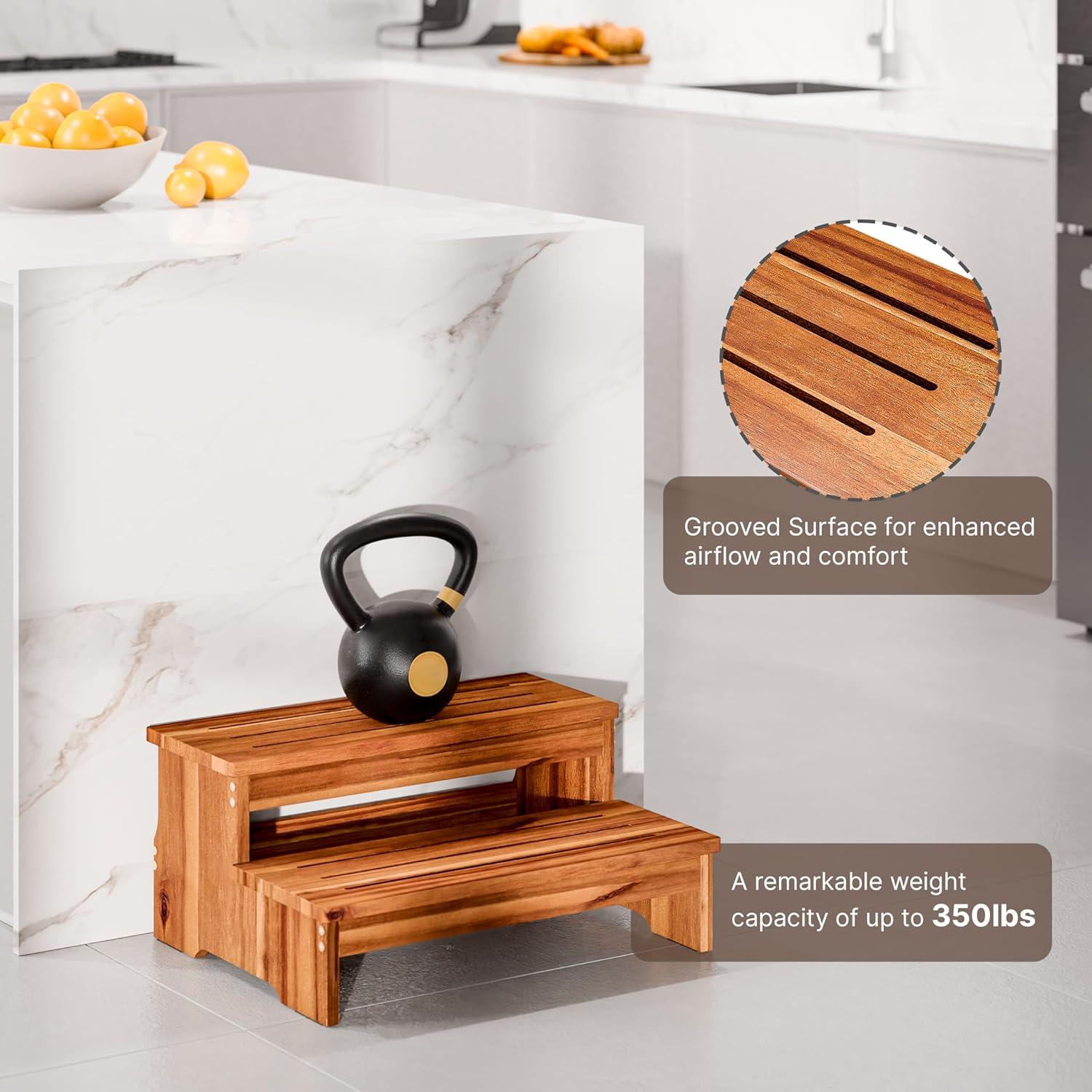 TINAMO 25" Long Step Stool for Adult & Kid - Wooden Two Step Stool 500 Lbs - Riser 2-Step Spa & Hot Tub Stairs for Pool - Heavy Duty 2 Step Stools for Bed, Kitchen/Outdoor - Patent Pending (Acacia)