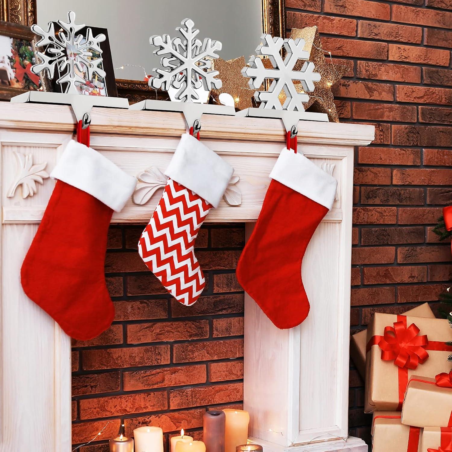 Pack of 4 Christmas Stocking Holders Snowflake Stocking Hangers Mantel Stocking Hooks for Christmas Decoration, White