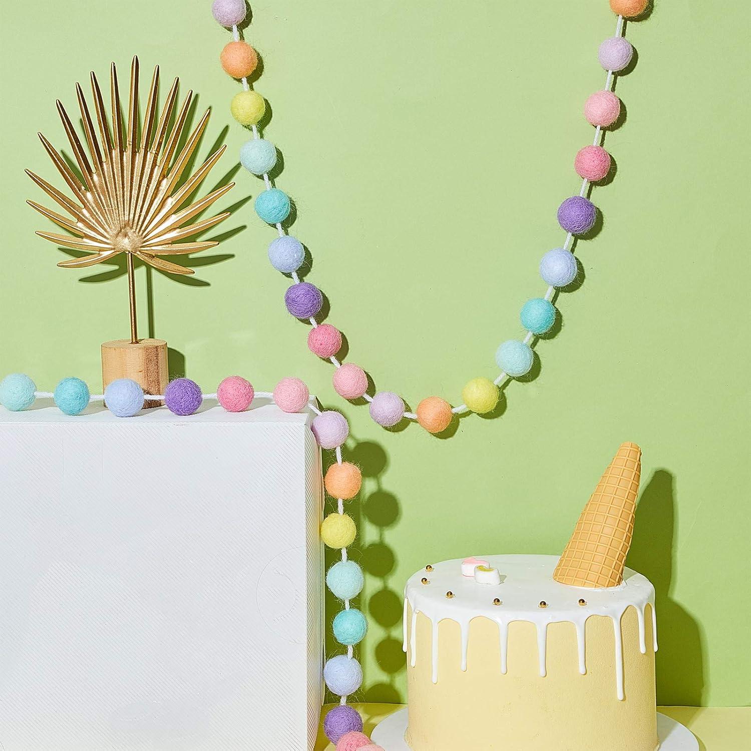 Wool Felt Ball Garland Colorful Pom Pom Garland 6.5 Feet Long 24 Ball Garland for Mardi Gras Easter Halloween Thanksgiving Christmas Wall (Rainbow Colors,3 Pieces)