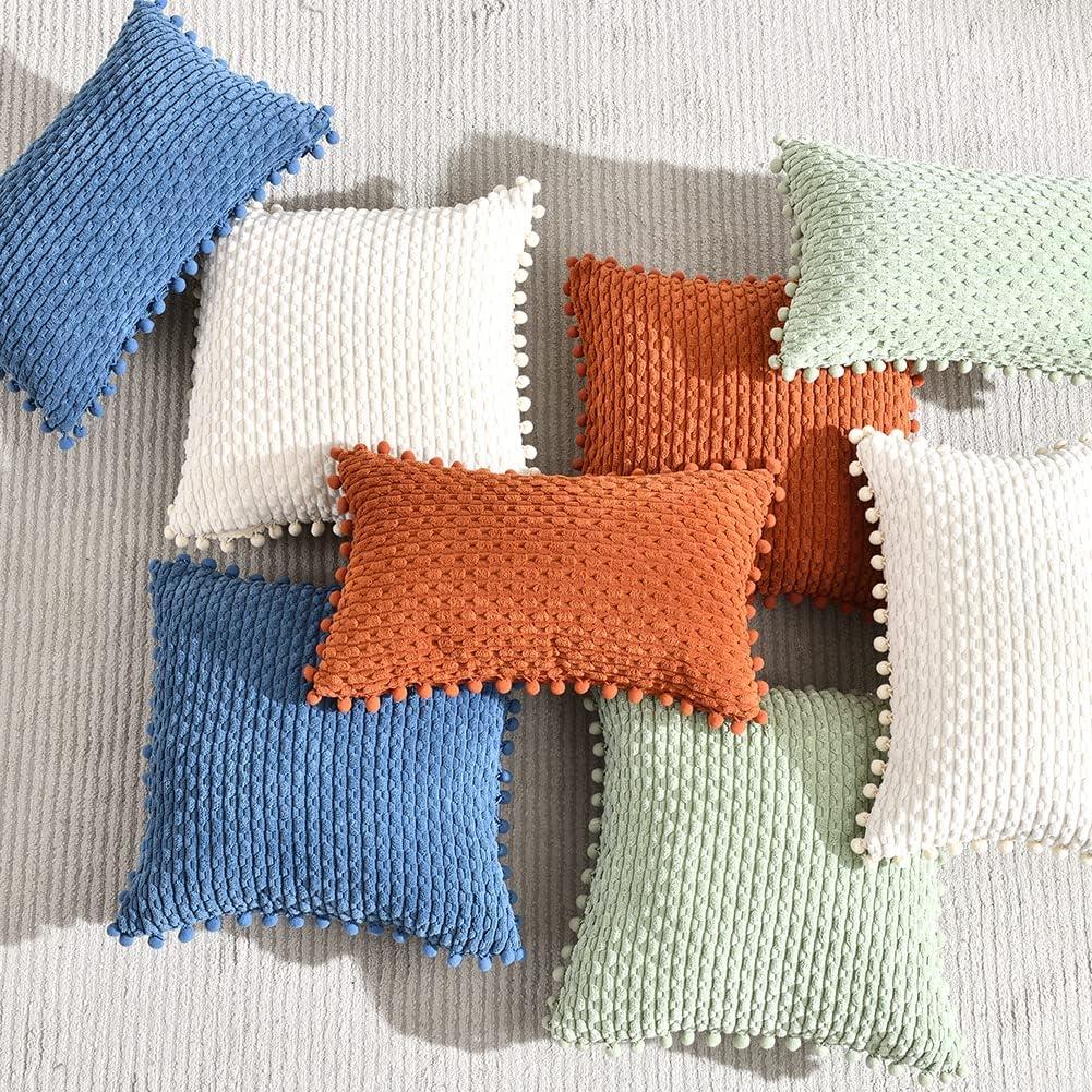 Fancy Homi 2 Packs Dusty Blue Decorative Throw Pillow Covers 12x20 Inch with Pom-poms for Couch Bed Living Room, Farmhouse Boho Home Decor, Soft Corduroy Cute Lumbar Cushion Case 30x50 cm