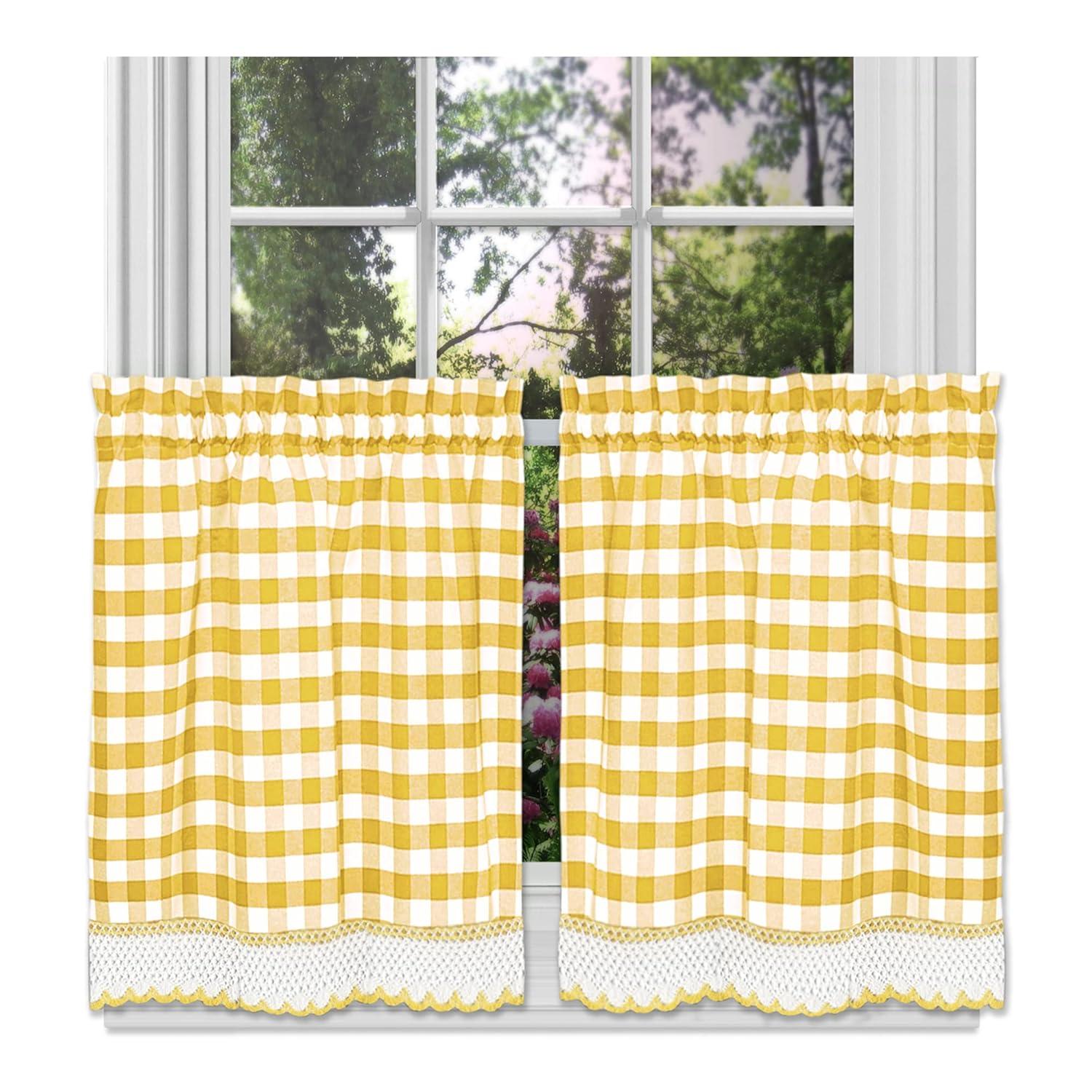 Achim Buffalo Check Kitchen Curtains, Set of 2 Tiers, 58 x 24, Yellow