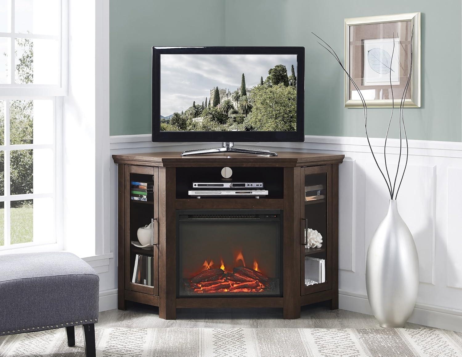 48" MDF Wood Corner Fireplace TV Stand - Traditional Brown
