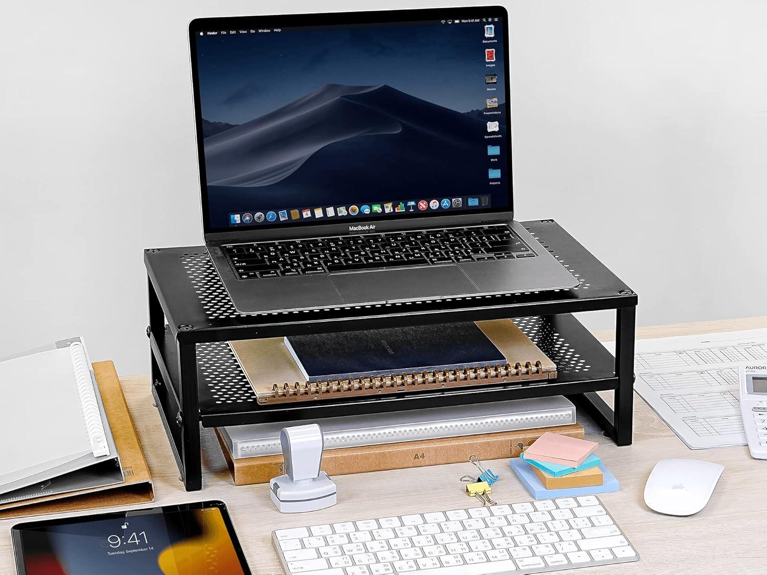 Black Metal 2-Tier Monitor Stand with Perforated Shelves