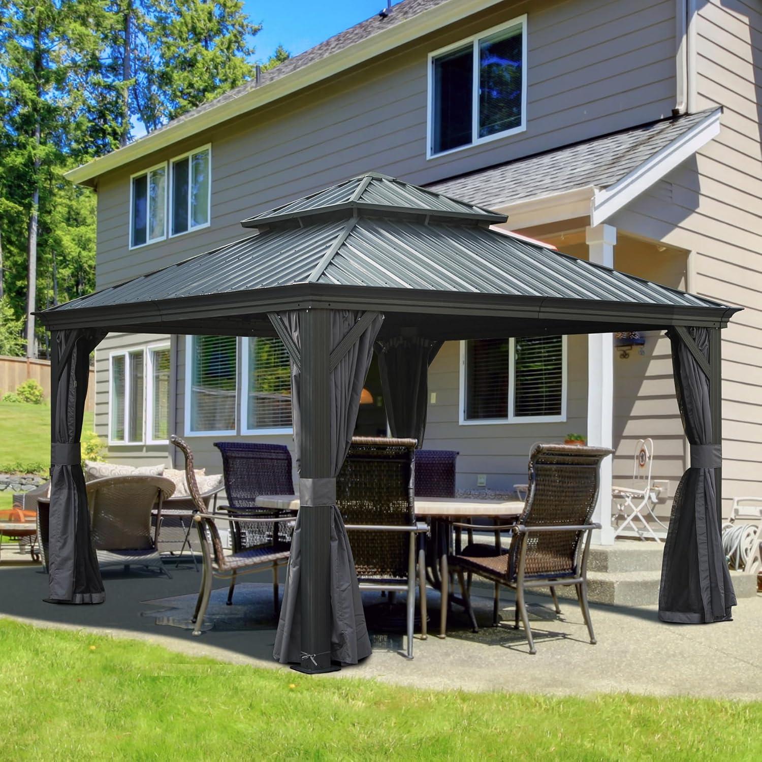 Domi Outdoor Living 12’ X 12’ Hardtop Gazebo Canopy with Netting & Curtains, Outdoor Aluminum Gazebo with Galvanized Steel Double Roof for Patio Lawn and Garden, Gray