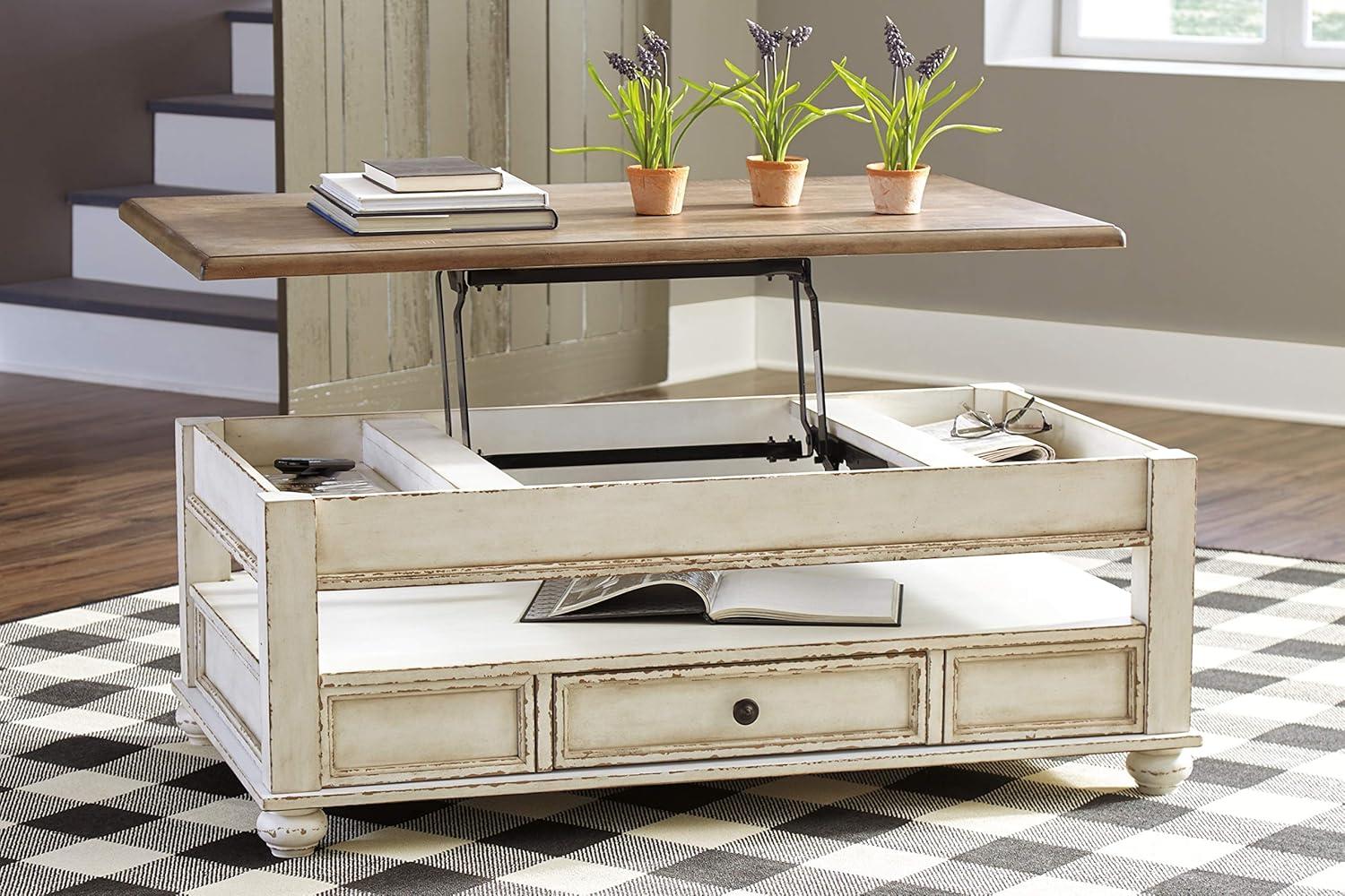 Realyn Coffee Table with Lift Top White/Brown - Signature Design by Ashley: Mid-Century Style, Storage, Wood Legs