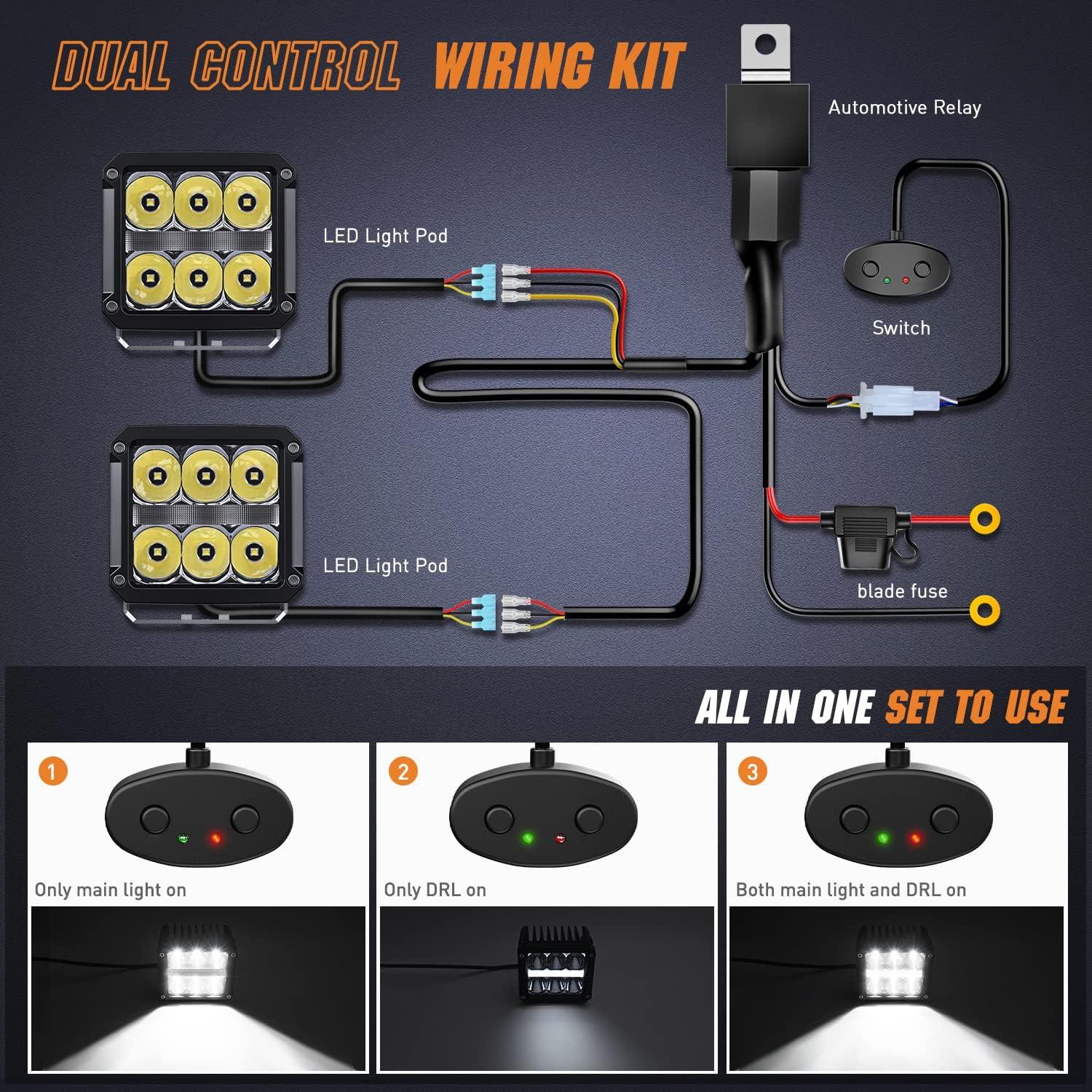 Nilight 4 Pulgadas Cuadrada Pod con DRL 6487LM 10 ° Súper Punto 16AWG Kit de Arnés de Cableado para Trabajos Auxiliares de Conducción Todoterreno 4x4 Jeep Llevó la Luz Antiniebla Automotriz Se Adapta a Camión, UTV, ATV, SUV, 60W
