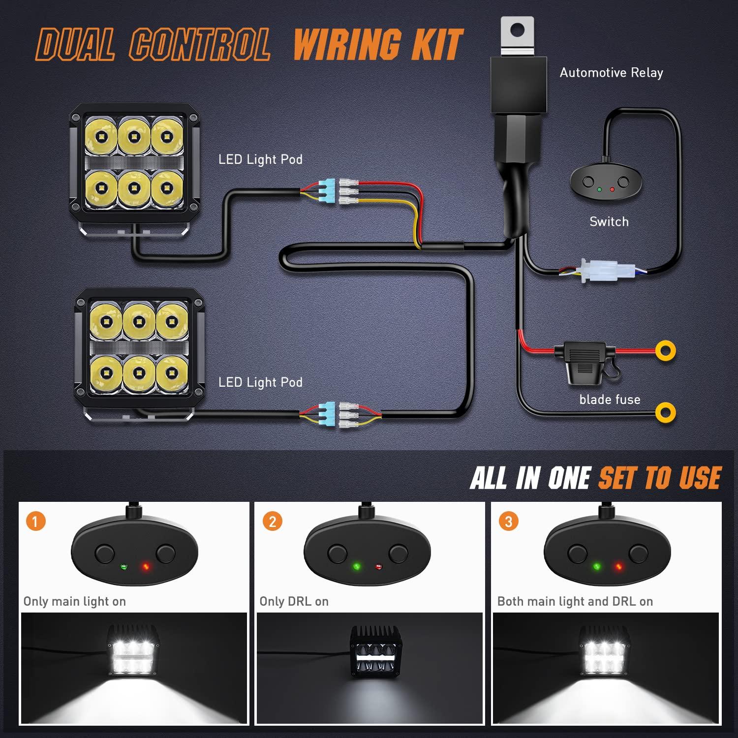 Nilight 4 Pulgadas Cuadrada Pod con DRL 6487LM 10 ° Súper Punto 16AWG Kit de Arnés de Cableado para Trabajos Auxiliares de Conducción Todoterreno 4x4 Jeep Llevó la Luz Antiniebla Automotriz Se Adapta a Camión, UTV, ATV, SUV, 60W